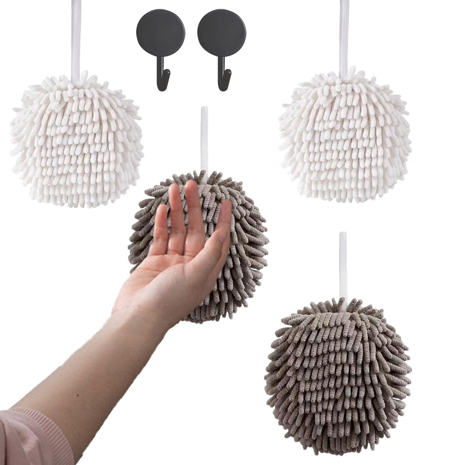 Xhmaxe 4 Pack Fuzzy Ball Hand Towel, Absorbent Chenille Towels For Bathroom-Set Decorative Towels Dry Hands Quickly 2 Each Of Wh