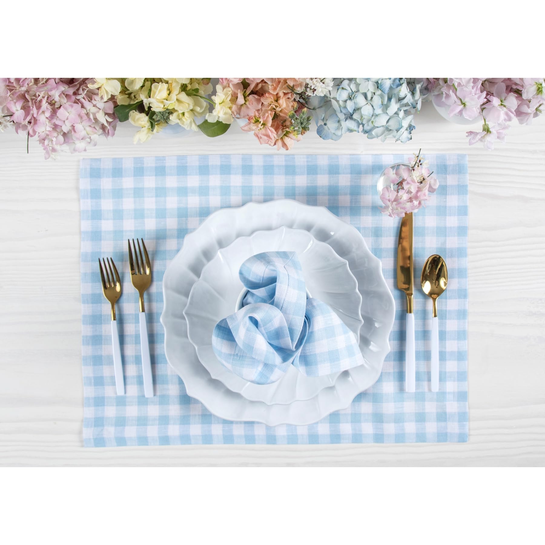 Solino Home Gingham Check Linen Placemats Set Of 4 - 100% Pure Linen Blue Bell Plaid Placemats 19 '' L X 14 '' W Inch - Machine
