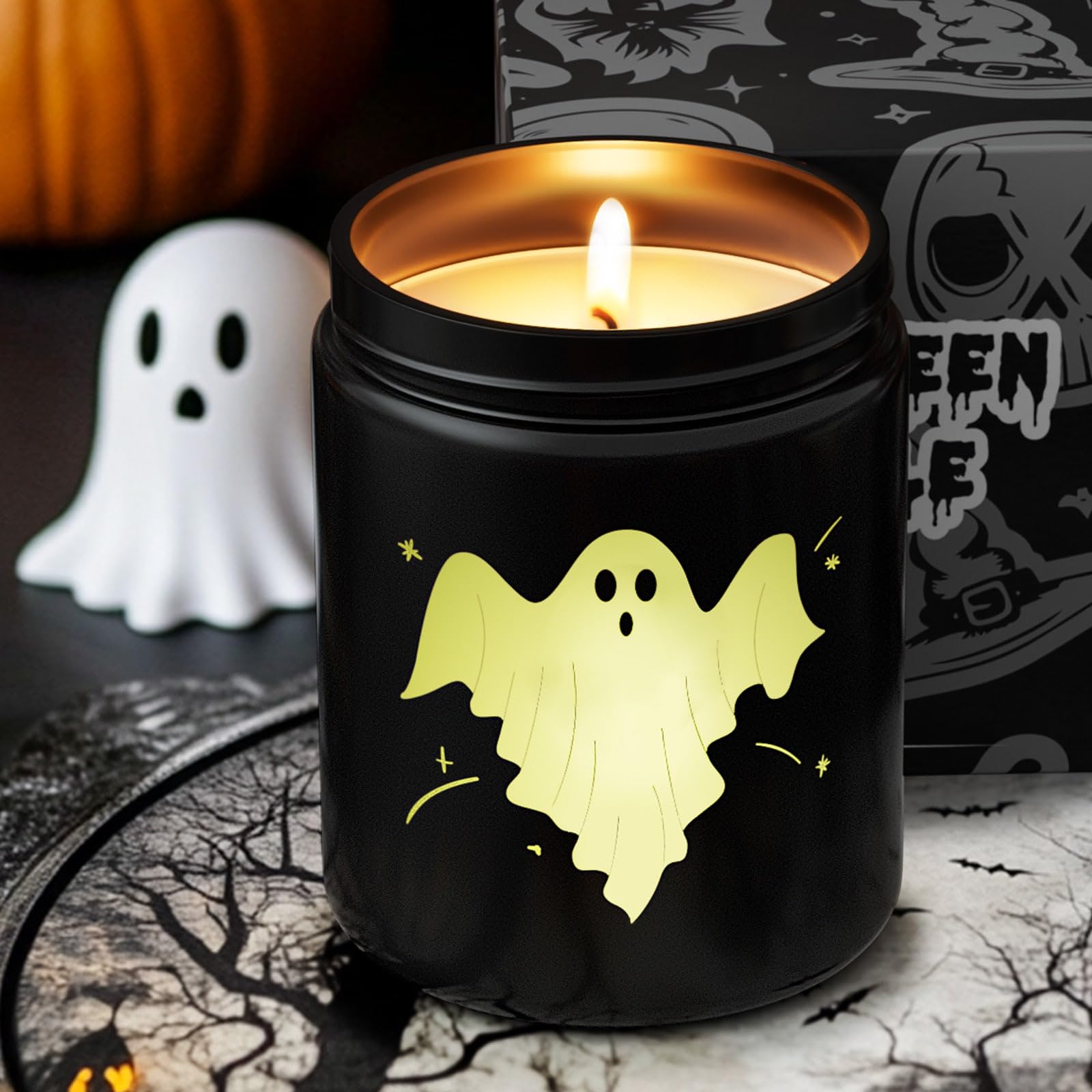 Halloween Candles with LED Ghost, Ghost Candle with Mint & Musk Scent, Halloween Decor Candle Over 40 Hours of Burn Time, Gift f