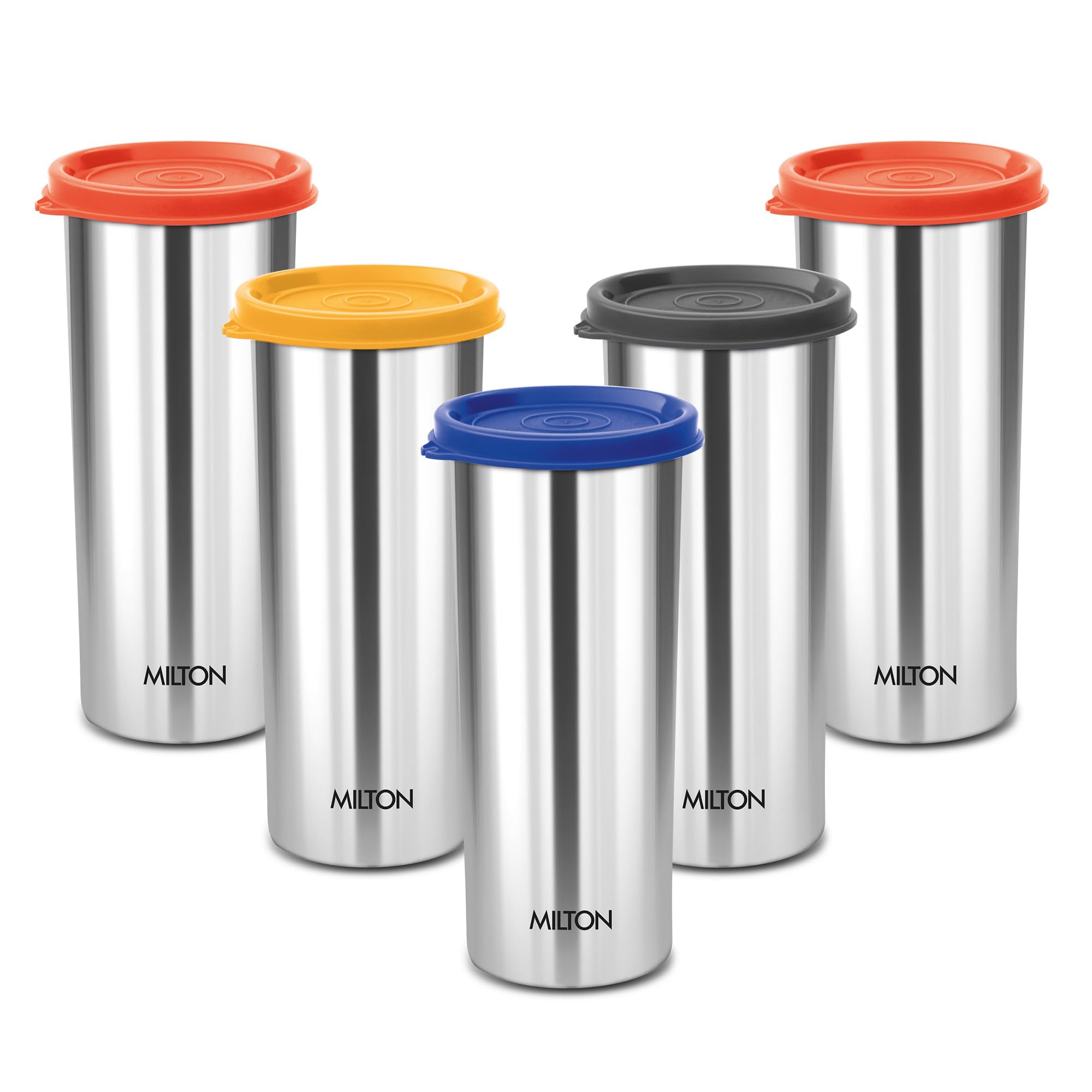 Milton Stainless Steel Tumbler With Lid Set Of 5, 530 Ml Each, Assorted (Lid Color May Vary) | Office | Gym | Yoga | Home | Kitc