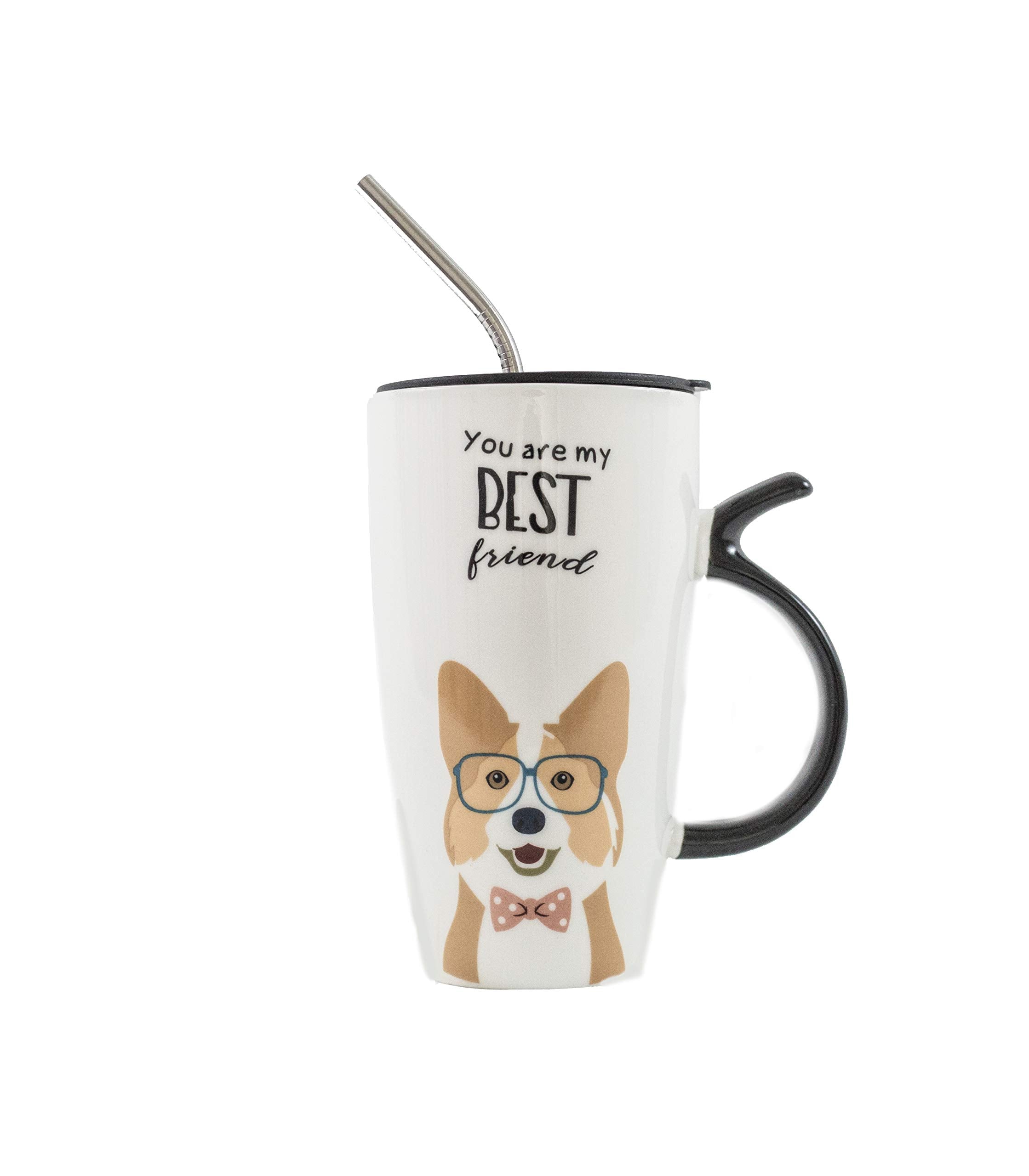 Nayothecorgi Corgi Mug Set W/Lid, Metal Straw & Spoon - Ceramic Mug - Best Friend Coffee Tumbler With Lid And Straw - Reusable C