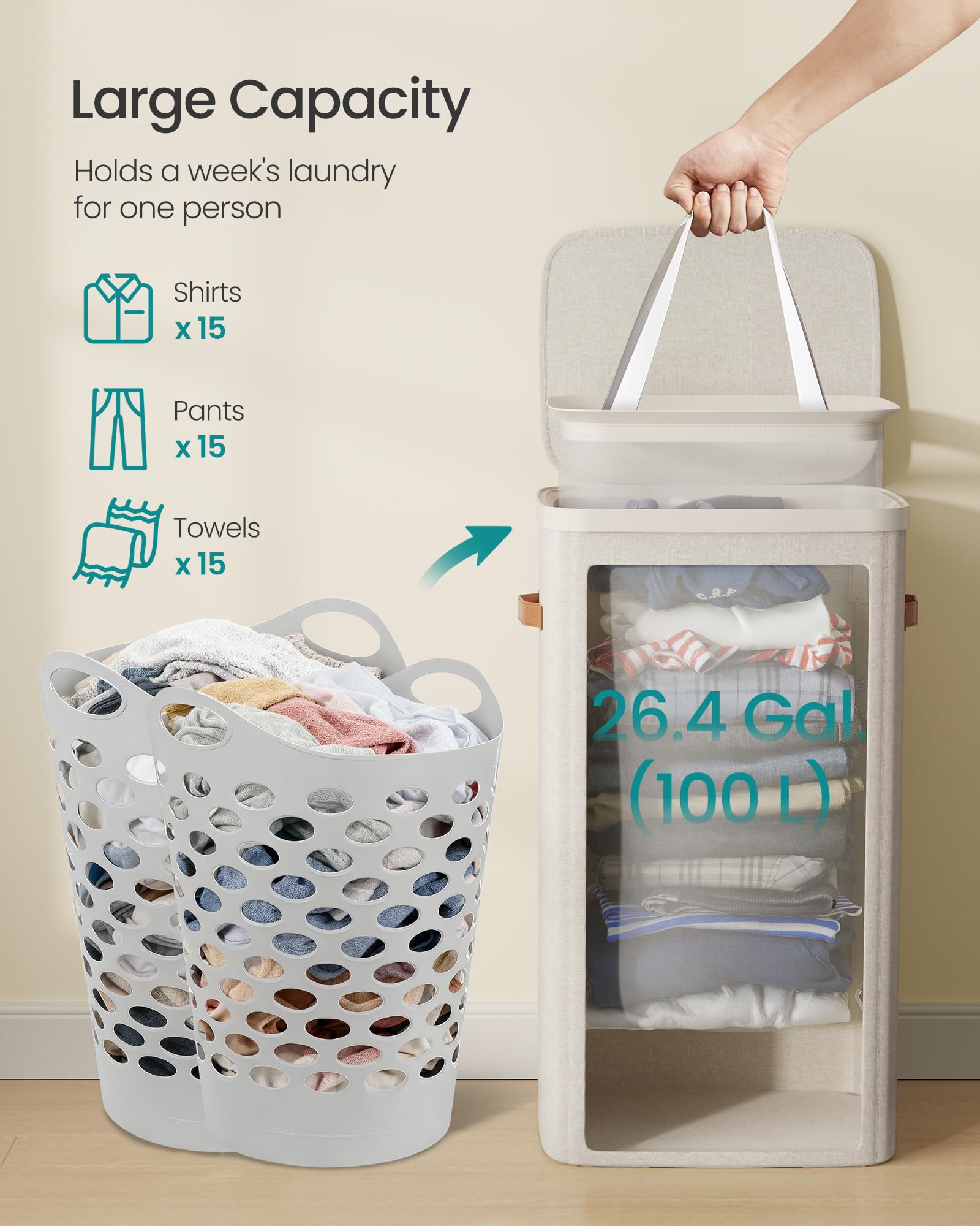 SONGMICS Laundry Basket, 26.4 Gal. Laundry Hamper, Easy Assembly, with Lid and Handles, Removable Liner, 16.5 x 12.6 x 29.5 Inch