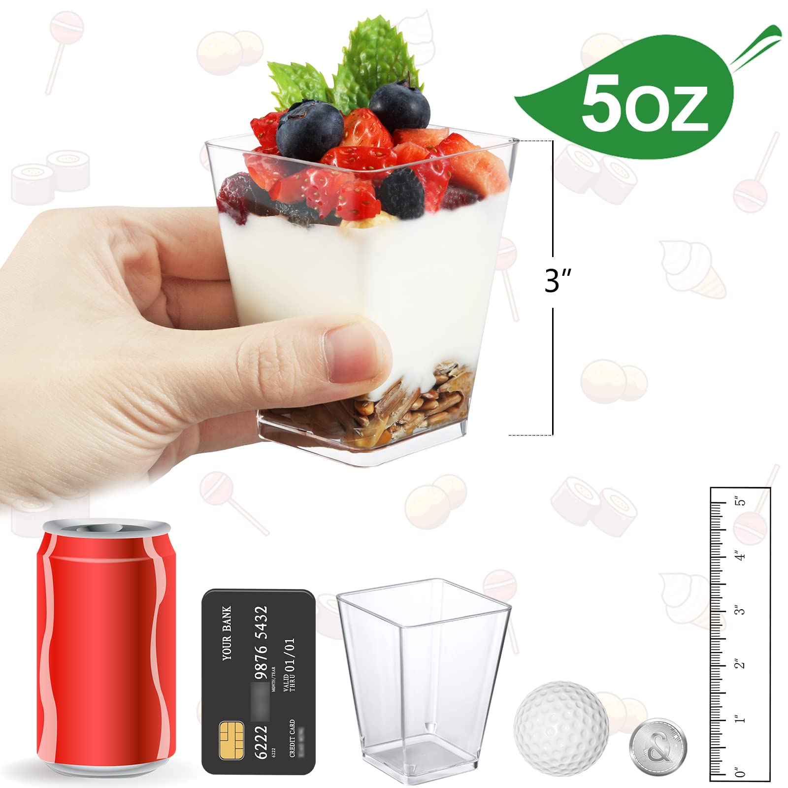 Eupako 160 Pack 5 Oz Plastic Mini Dessert Cups - Clear Small Parfait Cups, Square Appetizer Cups For Fruit, Pudding, Mousse, Ice