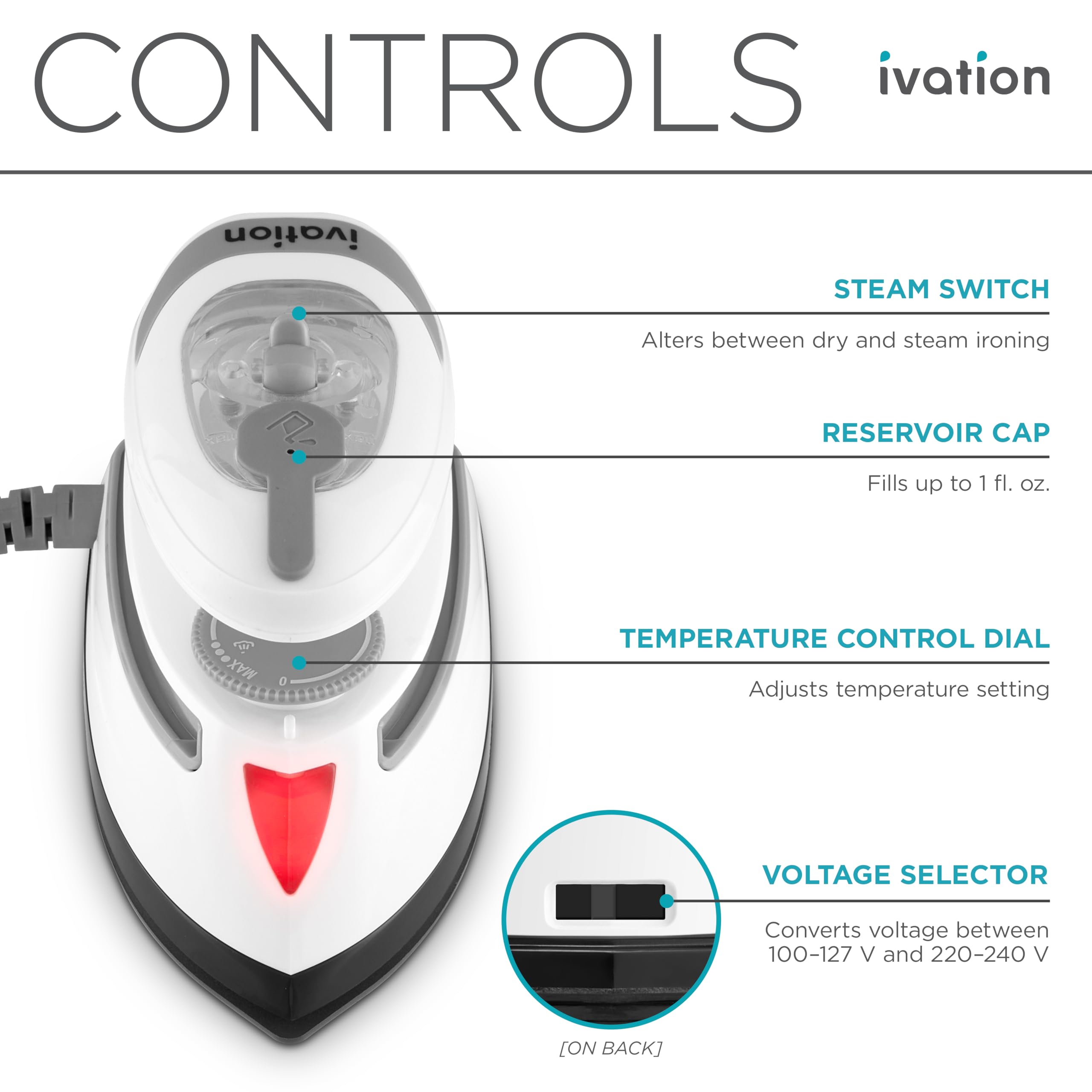 Ivation Travel Steam Iron | Mini Dual Voltage Dry Iron & Clothes Steamer With Nonstick Soleplate, Temperature Control & Indicato