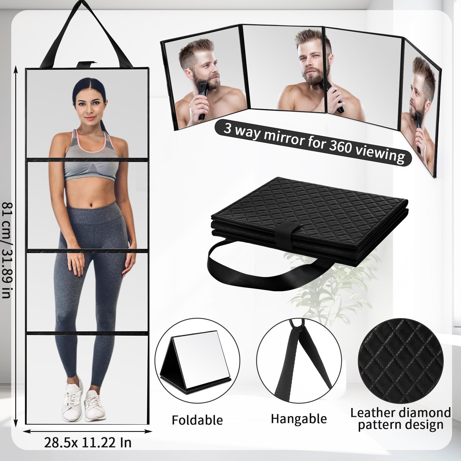 Burbell 3 Way Foldable Full Length Mirror With Handle Leather 31.89 X 11.22 Inches Portable Hanging Travel Mirror Rectangular Fo