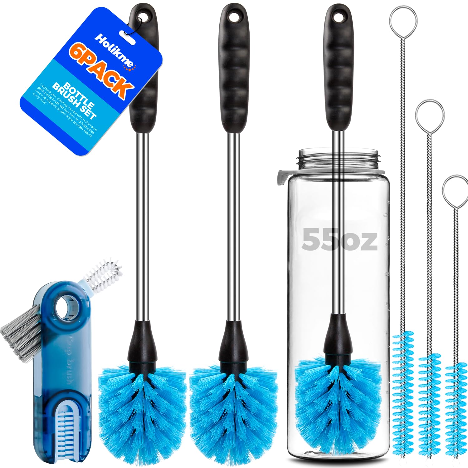 Holikme 6 Pack Bottle Brush Cleaner Set  14'' Long Handle Stainless Steel Bottle Cleaner Brush  3 Straw Brushes  Portable 3-in-1 Bottle Cleaning Brush for Water Bottle  Cups  Baby Bottle  Straws Blue