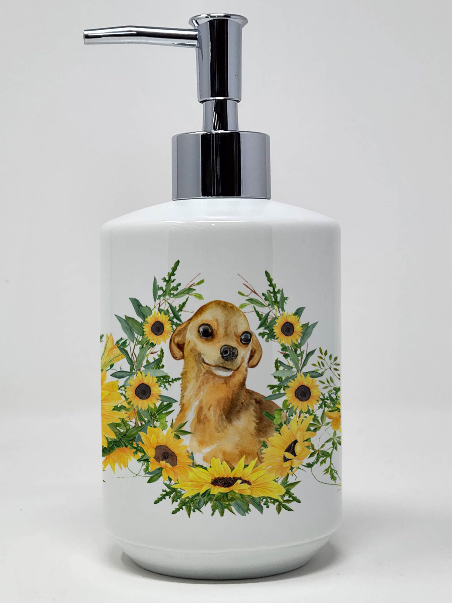 Caroline'S Treasures Ck2850Soap Chihuahua In Sunflowers Ceramic Soap Dispenser Hand Soap Dispenser Pump Bottles For Bathroom Kit