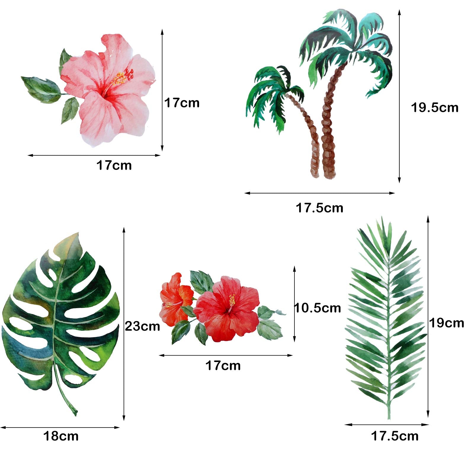 66 Pieces Large Palm Leaves Wall Decals Tropical Hibiscus Flower Peel Removable Stickers Green Plants Fresh Leaves Stickers For