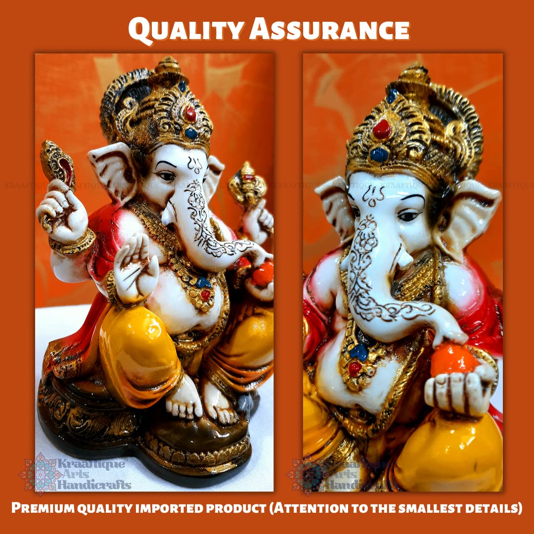 Kraaftique Marble Lord Ganesha Idol With Golden Mukut Ganesh Ji Murti Ganesh Showpiece For Home Decor,Study Table,Office Ganesha