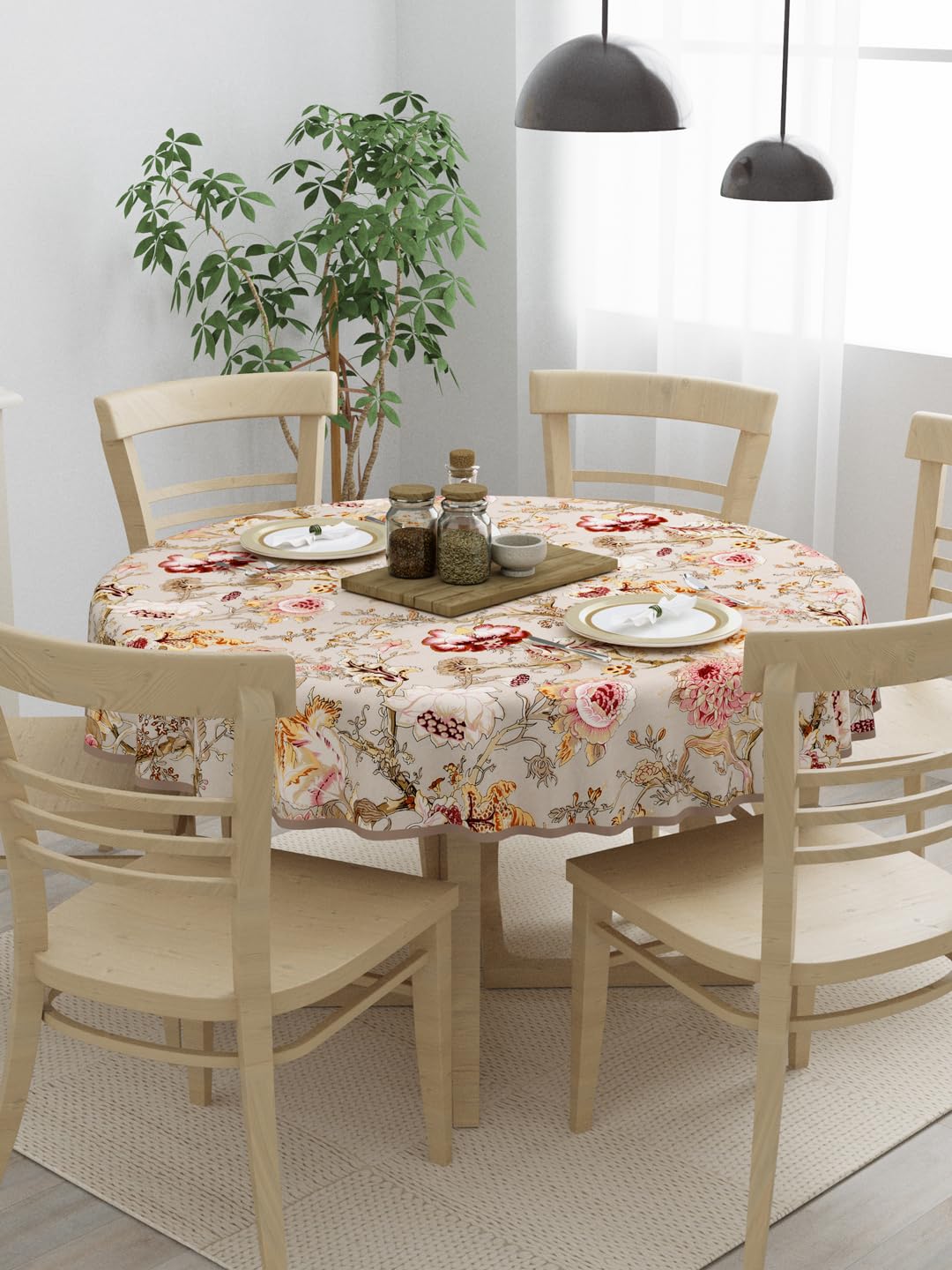 Clasiko 100% Cotton 6 Seater Round Table Cover; 72x72 Inches; Multicolor Flowers On Beige