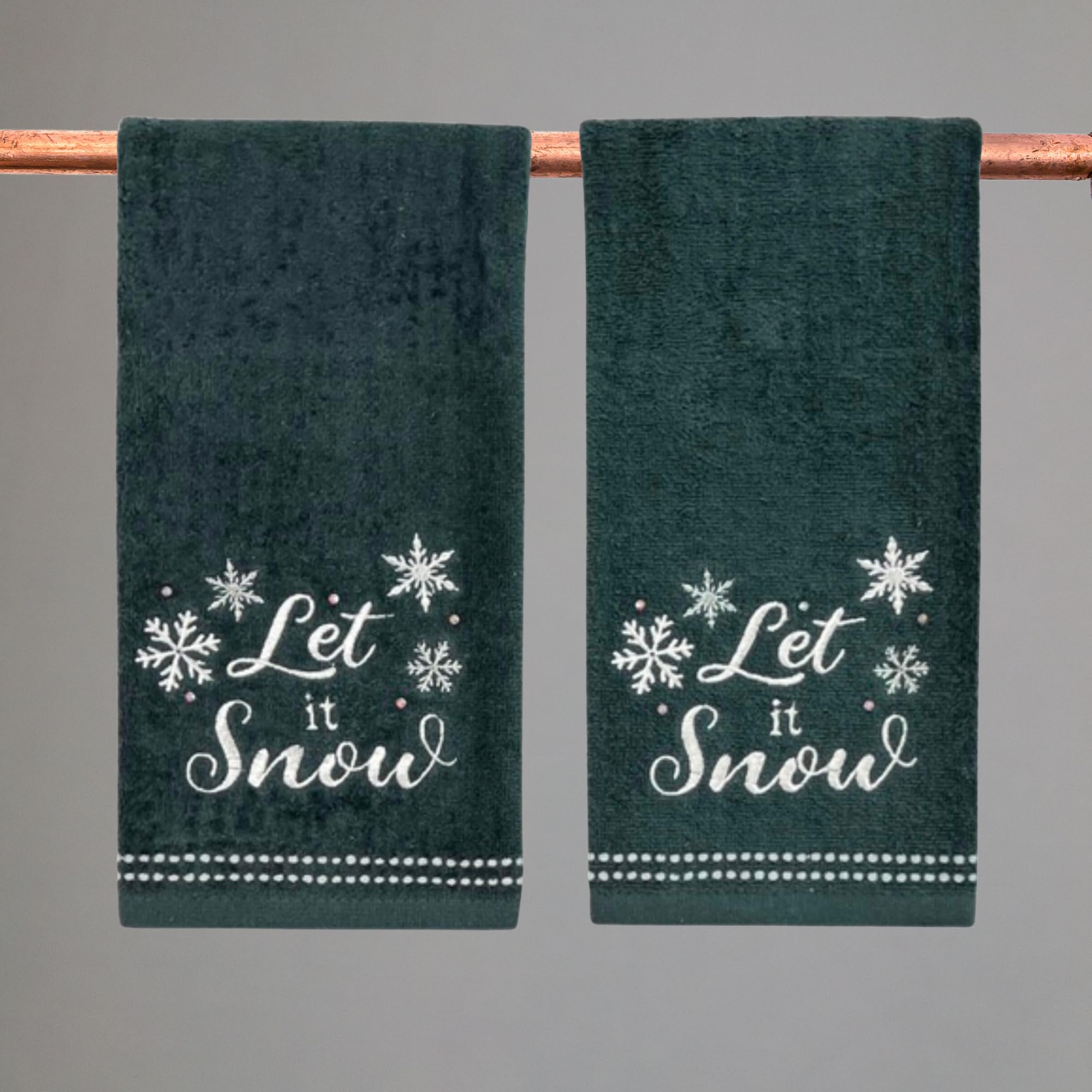 Holiday Christmas Bathroom Guest Hand Towels, 100% Cotton, Set Of 2, 16 X 25 Inches, Let It Snow Snowflakes White On Dark Grey