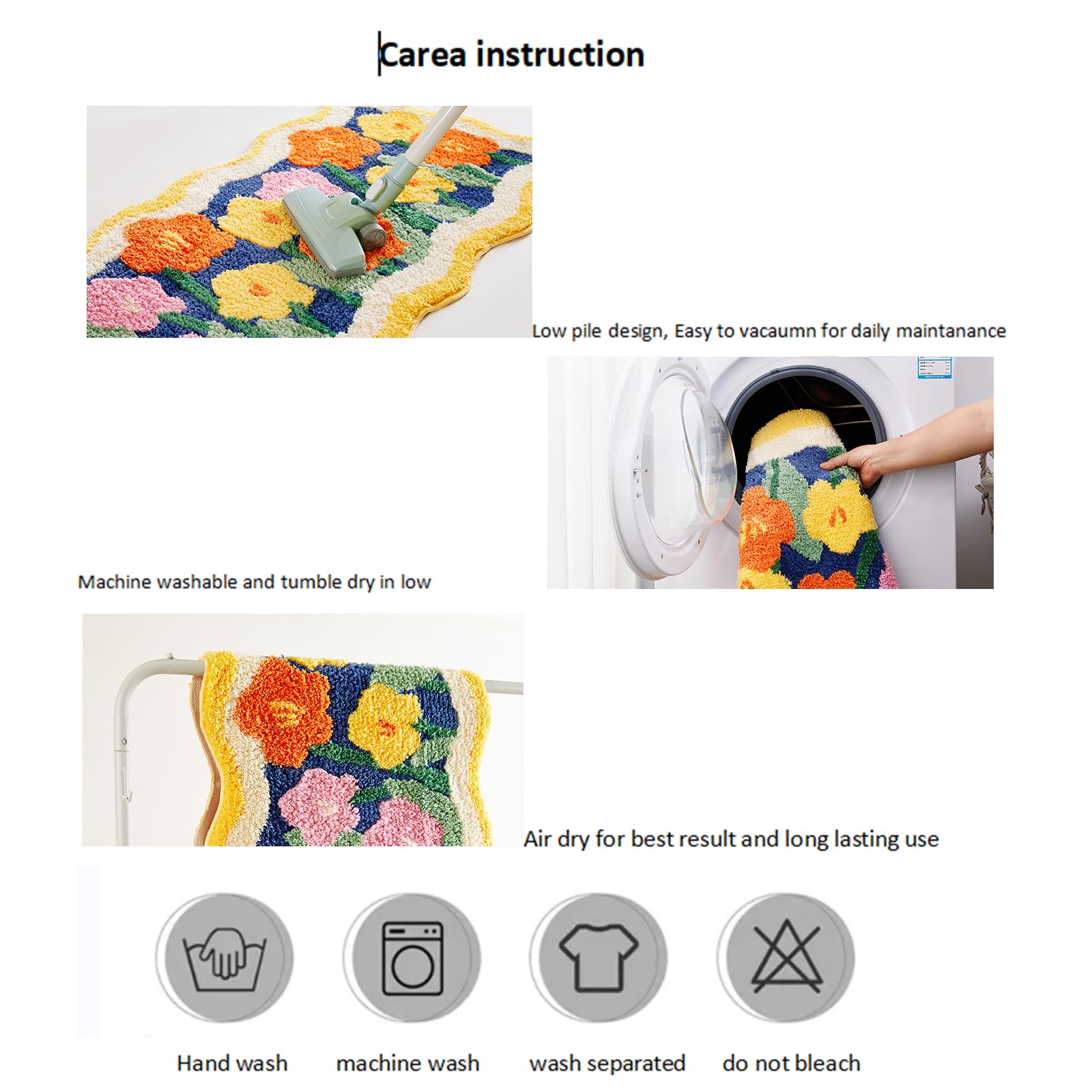 Aldopein Colorful Cute Flower Bathroom Kitchen Runner Rugs 2X4.3 Non-Slip Machine Washable, Shaggy Orange Yellow Aesthetic Extra