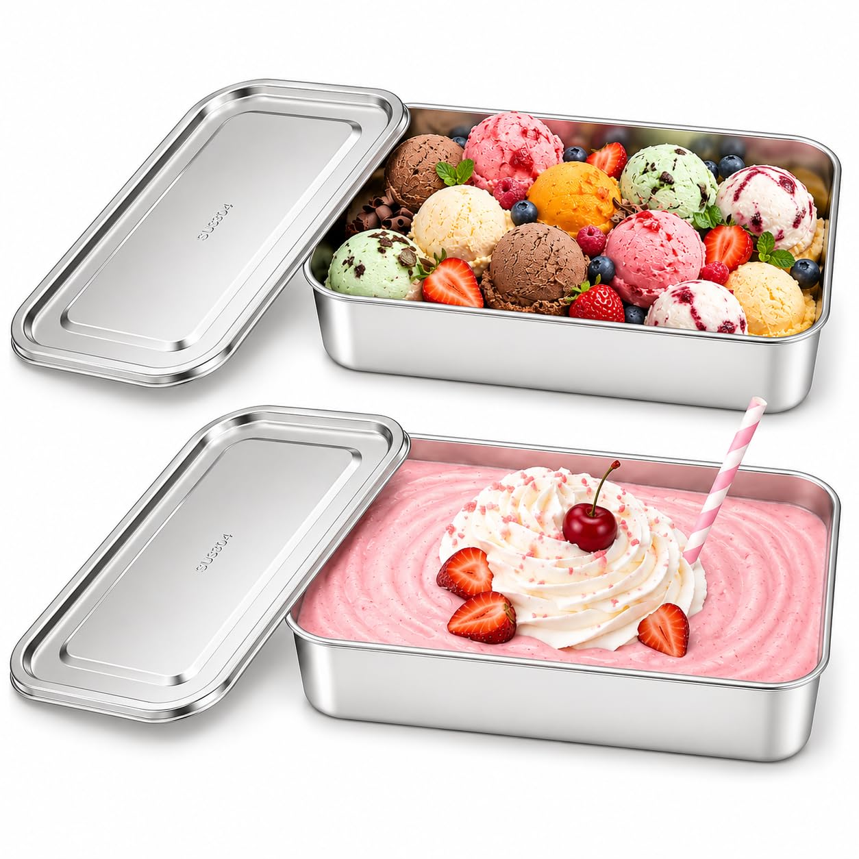 HOLDZEXA 2Pack 2 Qt 304 Stainless Steel Ice Cream Containers with Lids