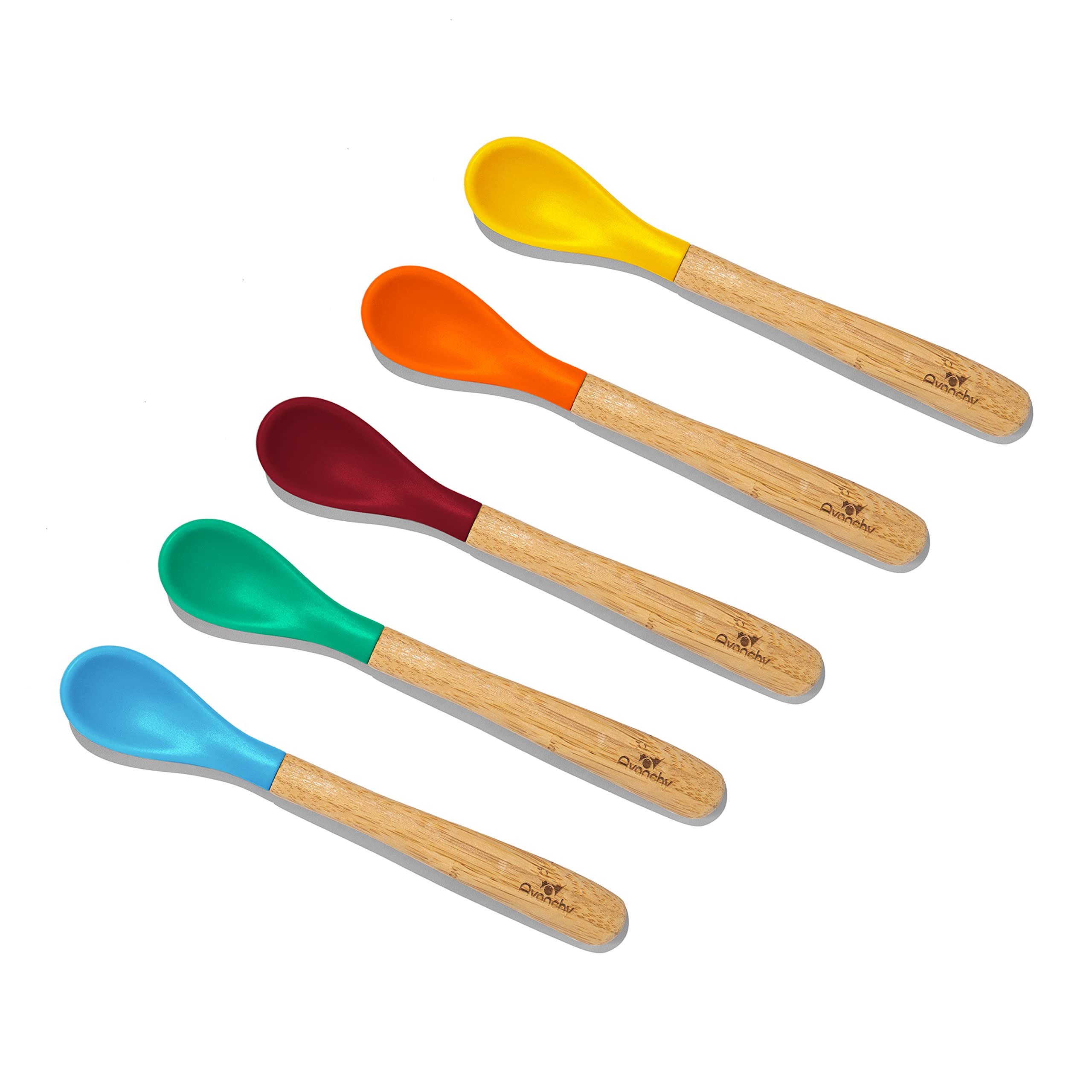 Avanchy Infant Baby Spoons Bamboo And Silicone Set, Self Feeding Food Utensils, 4 Months Baby Led Weaning, 5 Pack, With Blue Spo