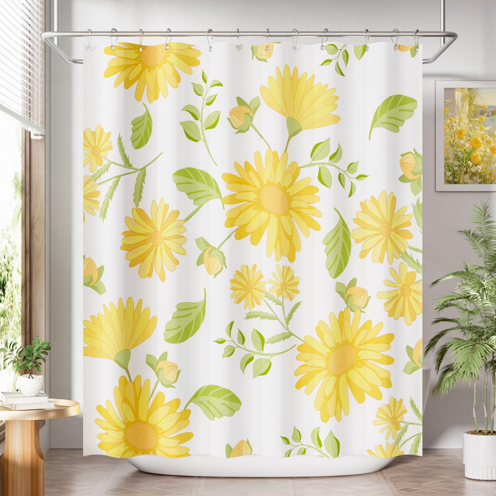 AmazerBath Floral Shower Curtain  Washable Cloth Shower Curtain Sets with 12 Shower Curtain Hooks  Fabric Rustic Yellow Gerbera Flower Eucalyptus Fall Shower Curtains for Bathroom Decor  72x72 Inches