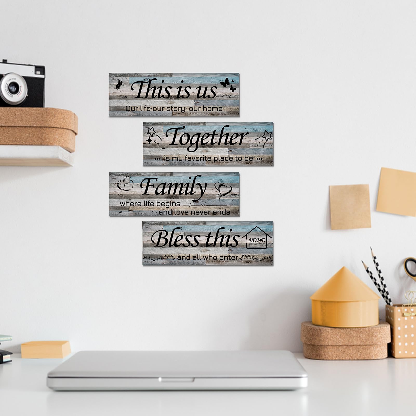 Lnond 4 Pieces Grey Brown Blue Living Room Wall Decor, Motivational Home Family Rustic Wall Art Decor for Bedroom Living Room, R