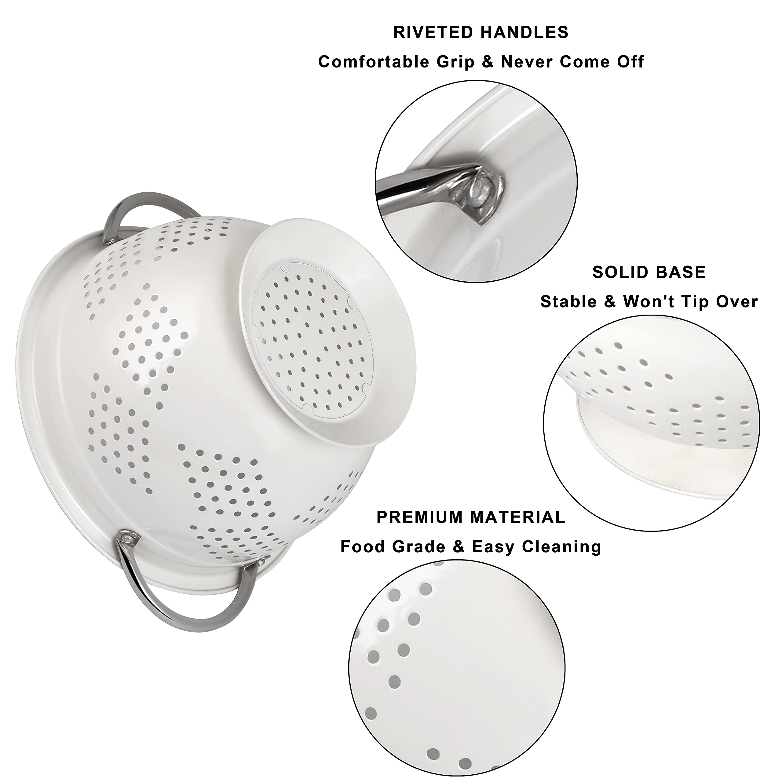 Hillbond Colander Set Of 3, 1.5, 3, 5 Qt Powder Coated Metal Strainers With Riveted Stainless Steel Handles And Stable Base, Str