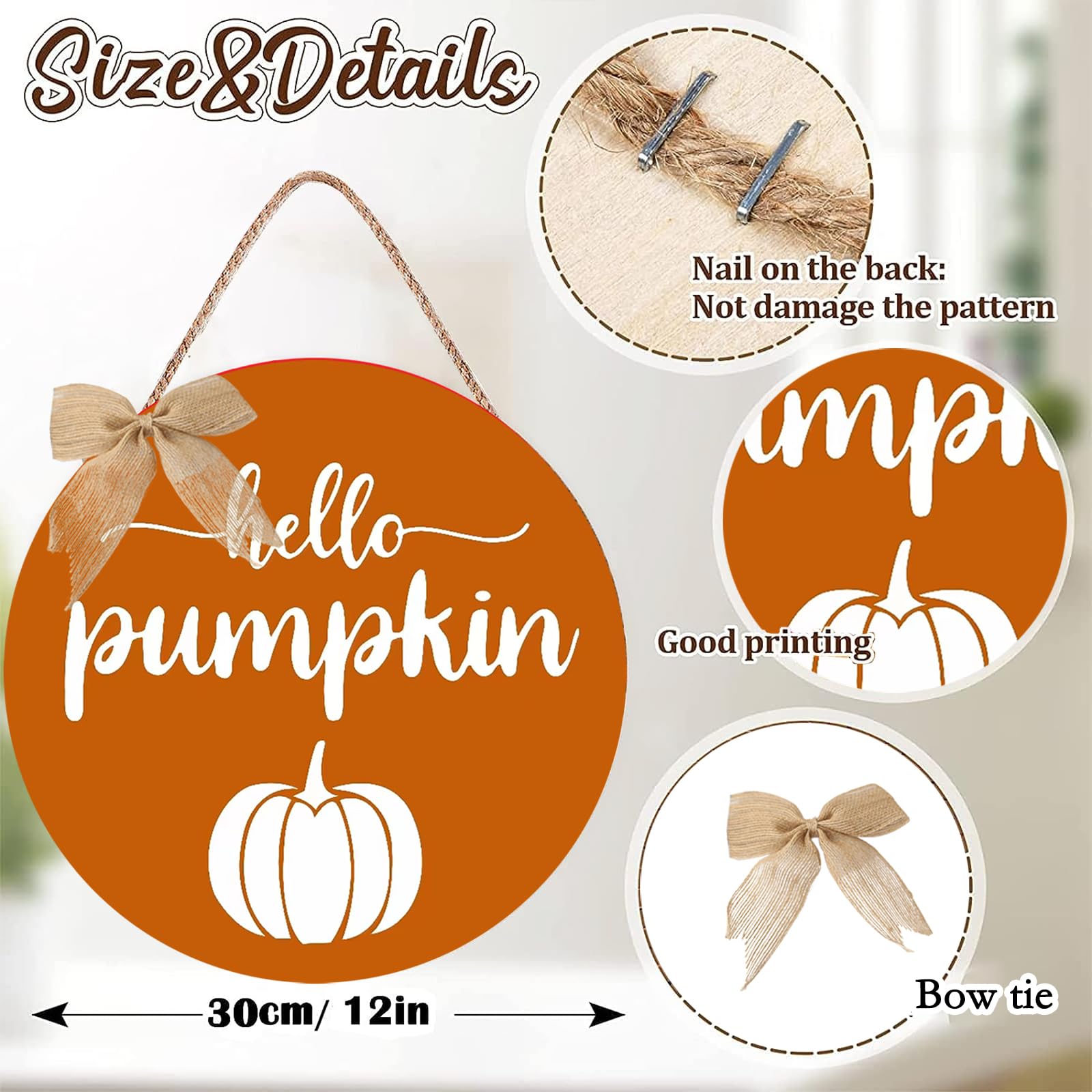 Thanksgiving Door Decorations Fall Decor - Hello Pumpkin Wall Sign Decorations - Wooden Door Hangers Wreath with Bow for The Hom