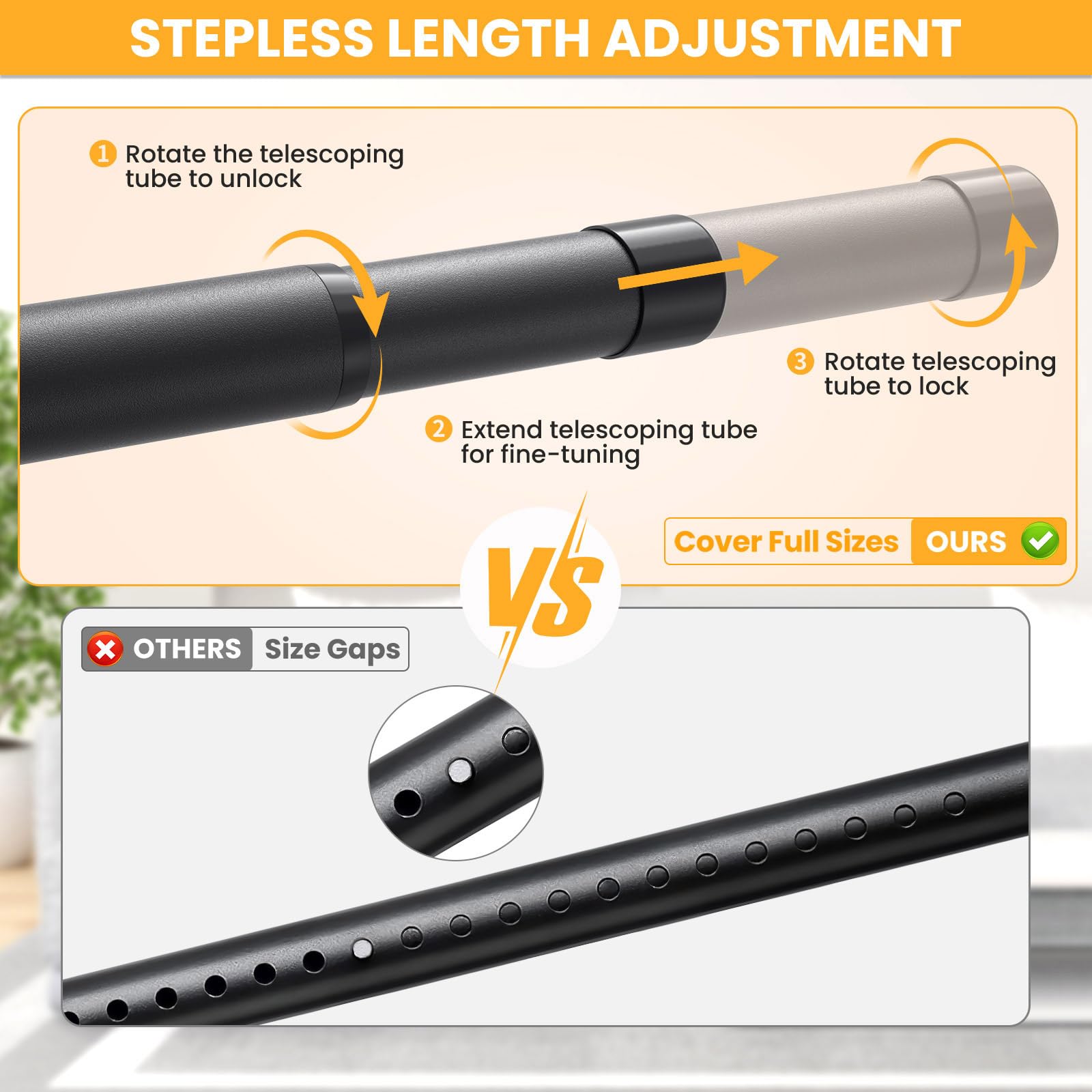 Closet Rods for Hanging Clothes, 17-84 Inch No-Cut Stepless Adjustable Closet Rod, 1.3 Inch Heavy Duty Metal Closet Hanging Rod