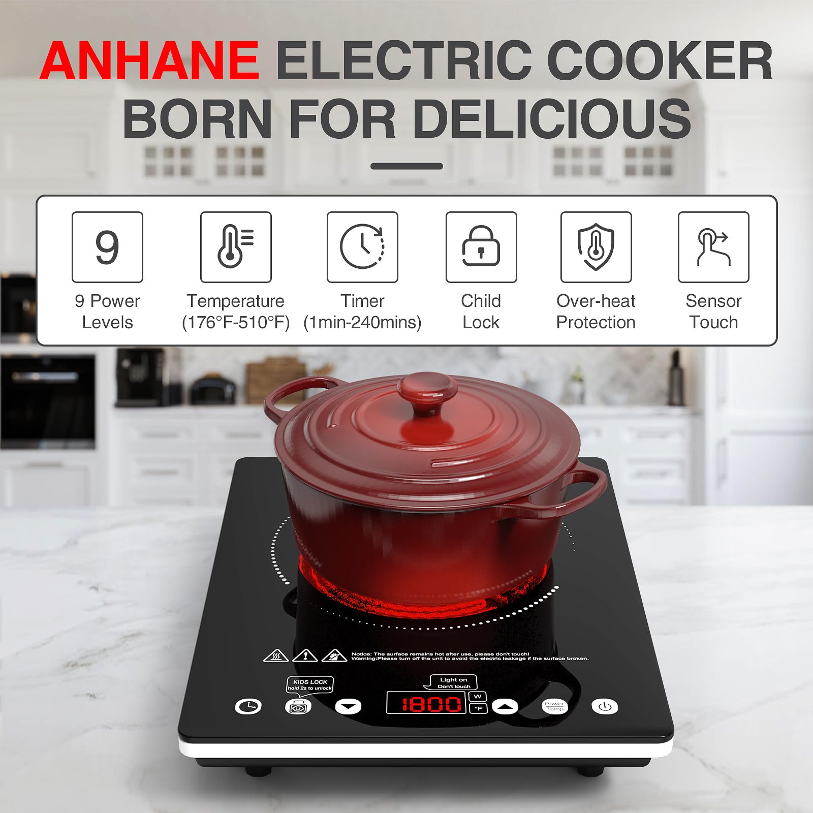 ANHANE Electric Cooktop, 12 Inch Single Burner Portable Ceramic Stove, 110V with Power Levels & Overheat Protection