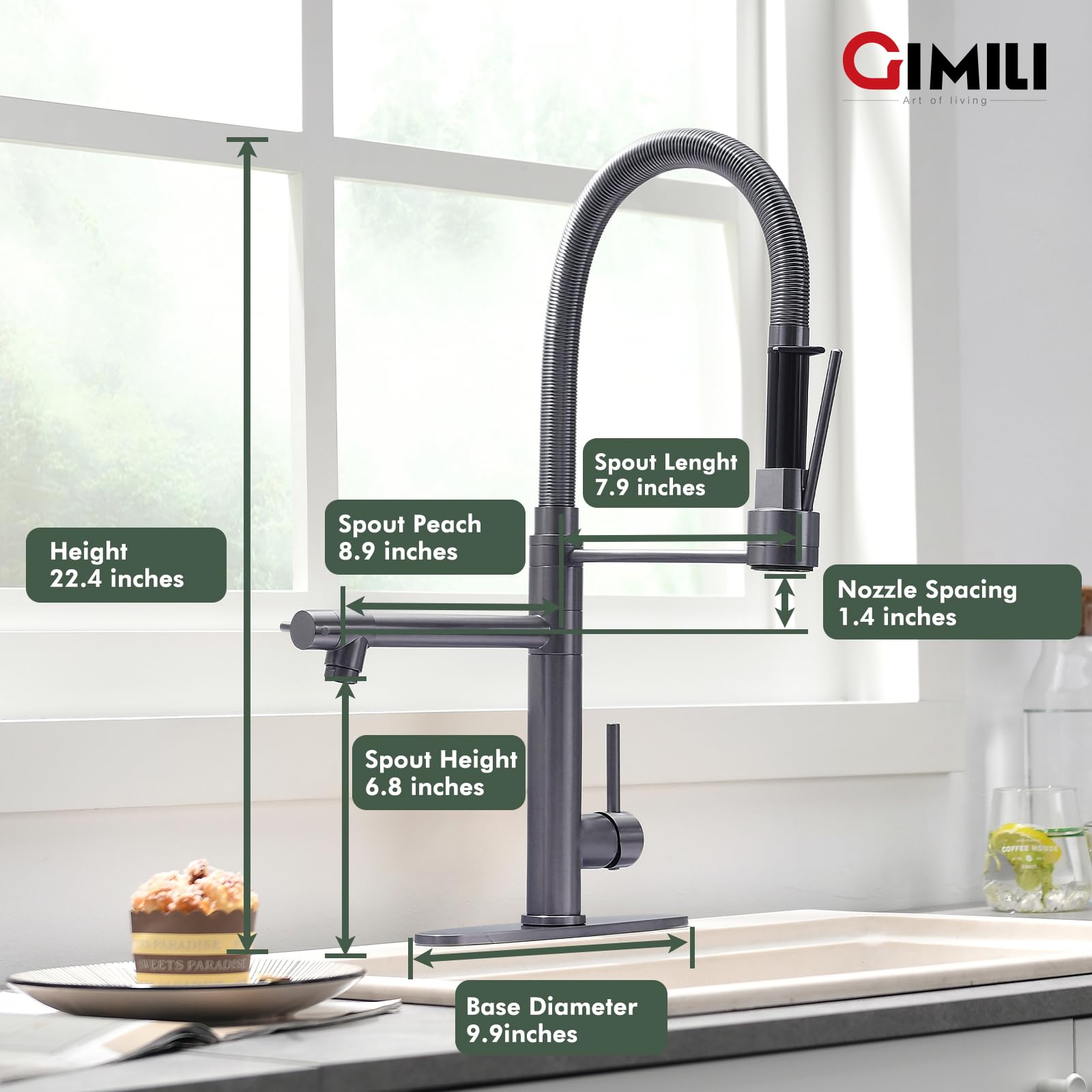 Gimili Black Stainless Commercial Kitchen Faucet With Pull Down Sprayer Double-Headed Kitchen Faucets With Deck Plate