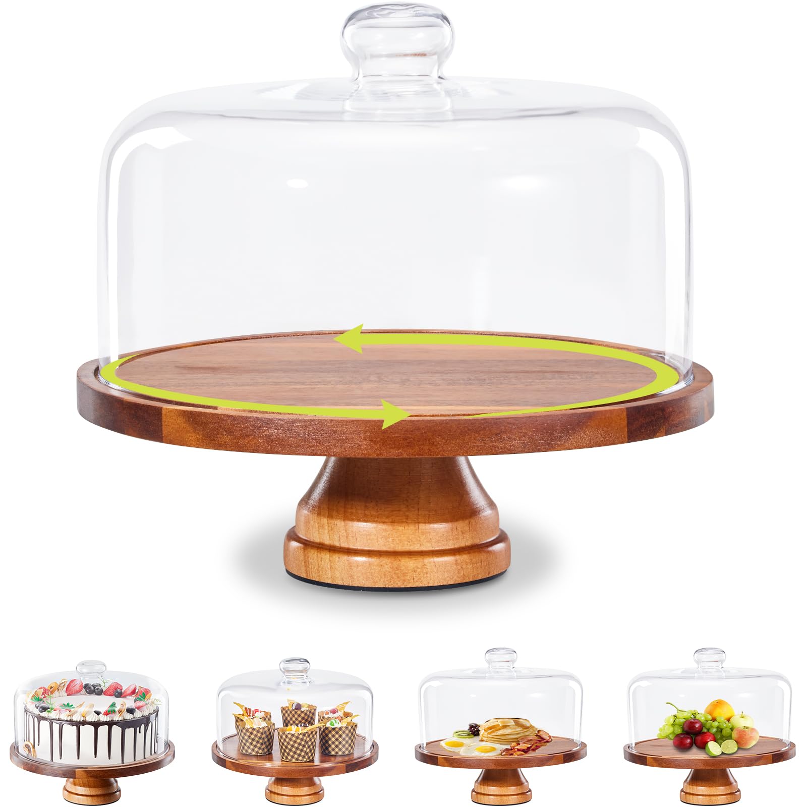 Yangbaga Glass Cake Stand with Lid,11in Wooden Rotating Cake Stand with Dome Cover, Cake Plate Display Server Tray for Birthday 