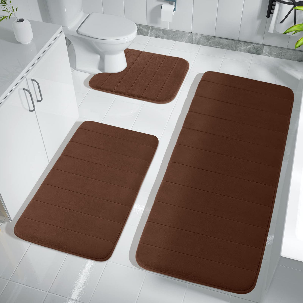 Yimobra 3 Pieces Memory Foam Bath Mat Sets, 441X24 + 315X198 And U-Shaped For Bathroom Rugs, Toilet Mats, Non-Slip, Soft Comfort
