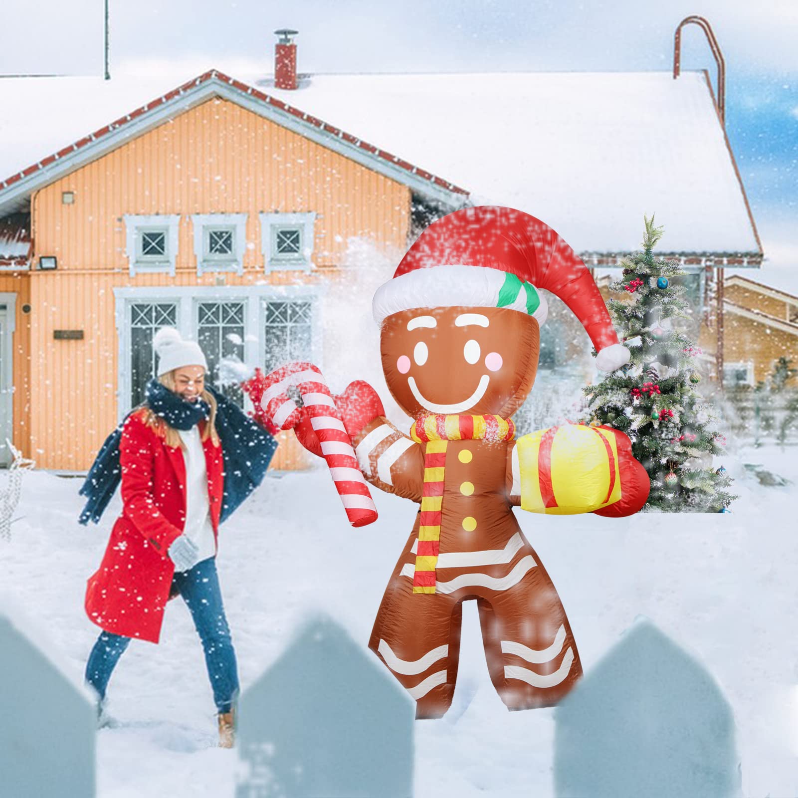 Kerithsoco 8FT Inflatable Gingerbread Man Outdoor Christmas Decoration,Built-in LED Lights Blow Up for Yard, Gardern, Lawn, Indo