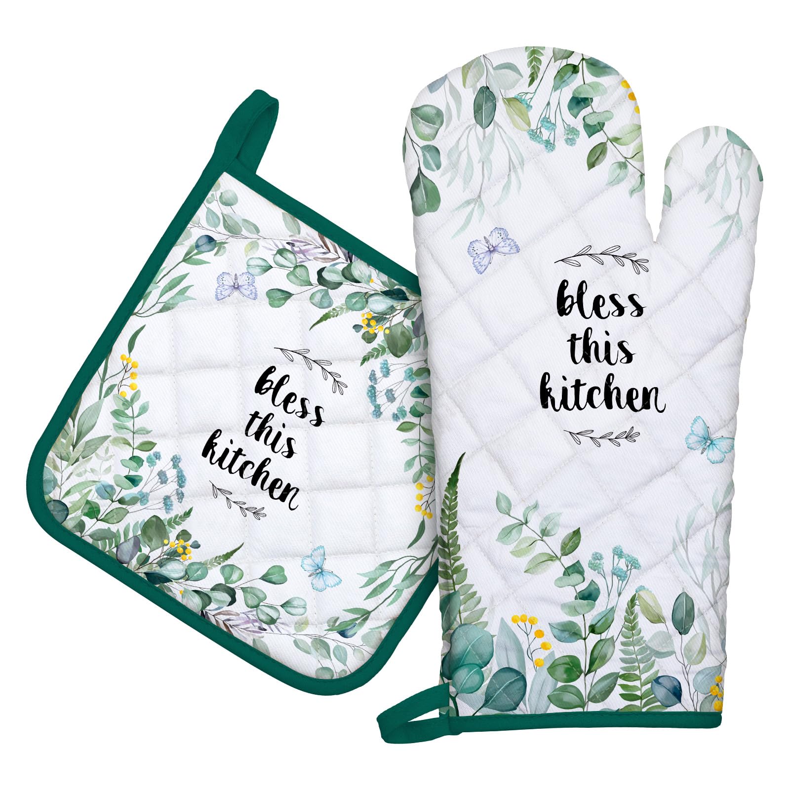 Arquiel Eucalyptus Leaf Oven Mitts And Pot Holders Sets 2Pcs, 100% Cotton Heat Resistant, Extra Long Oven Gloves Potholder For K