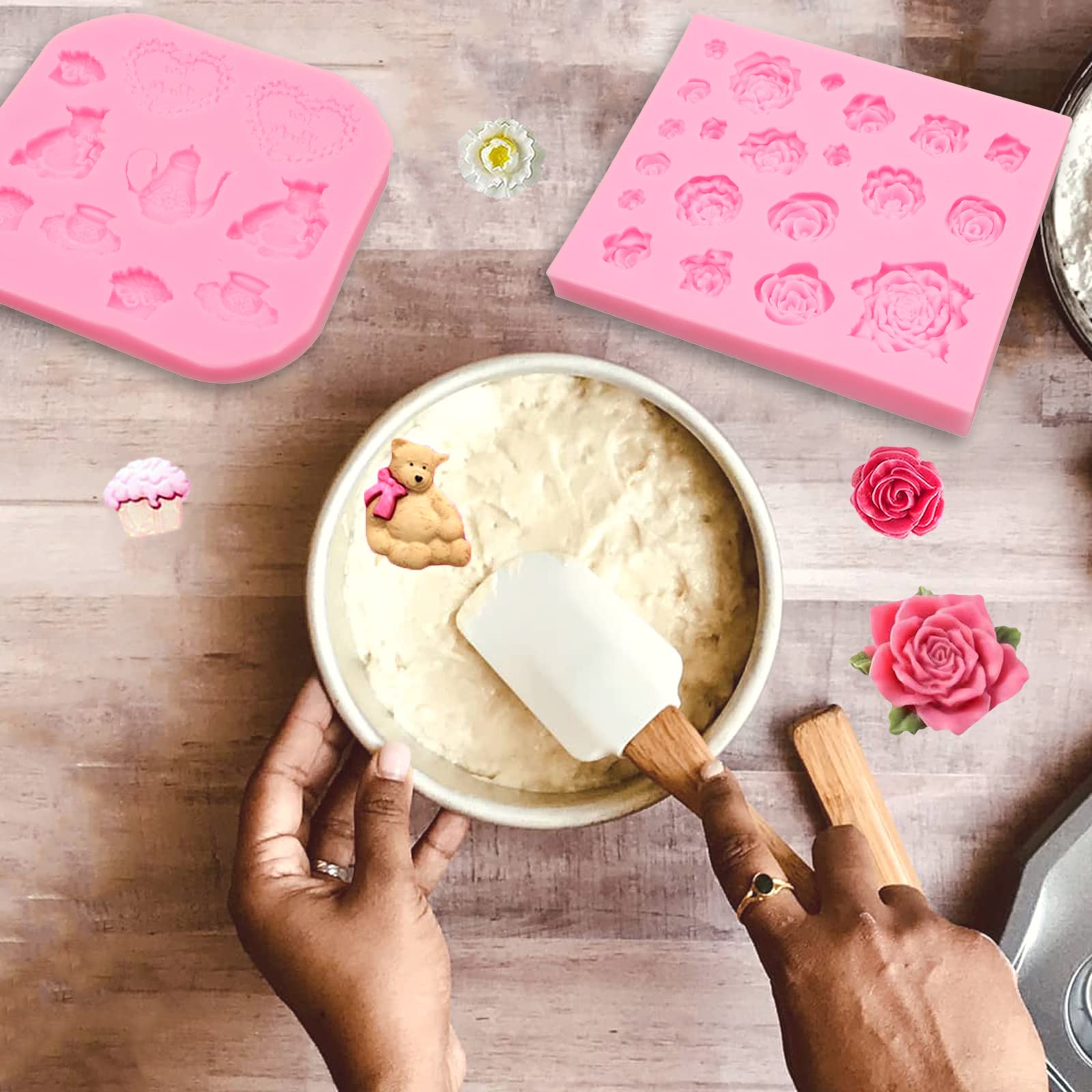 Tea Party Cake Silicone Mold 3 Pcs, Teapot Tea Cup Fondant Molds Rose Flower Chocolate Molds For Cupcake Topper, Cake Decoration