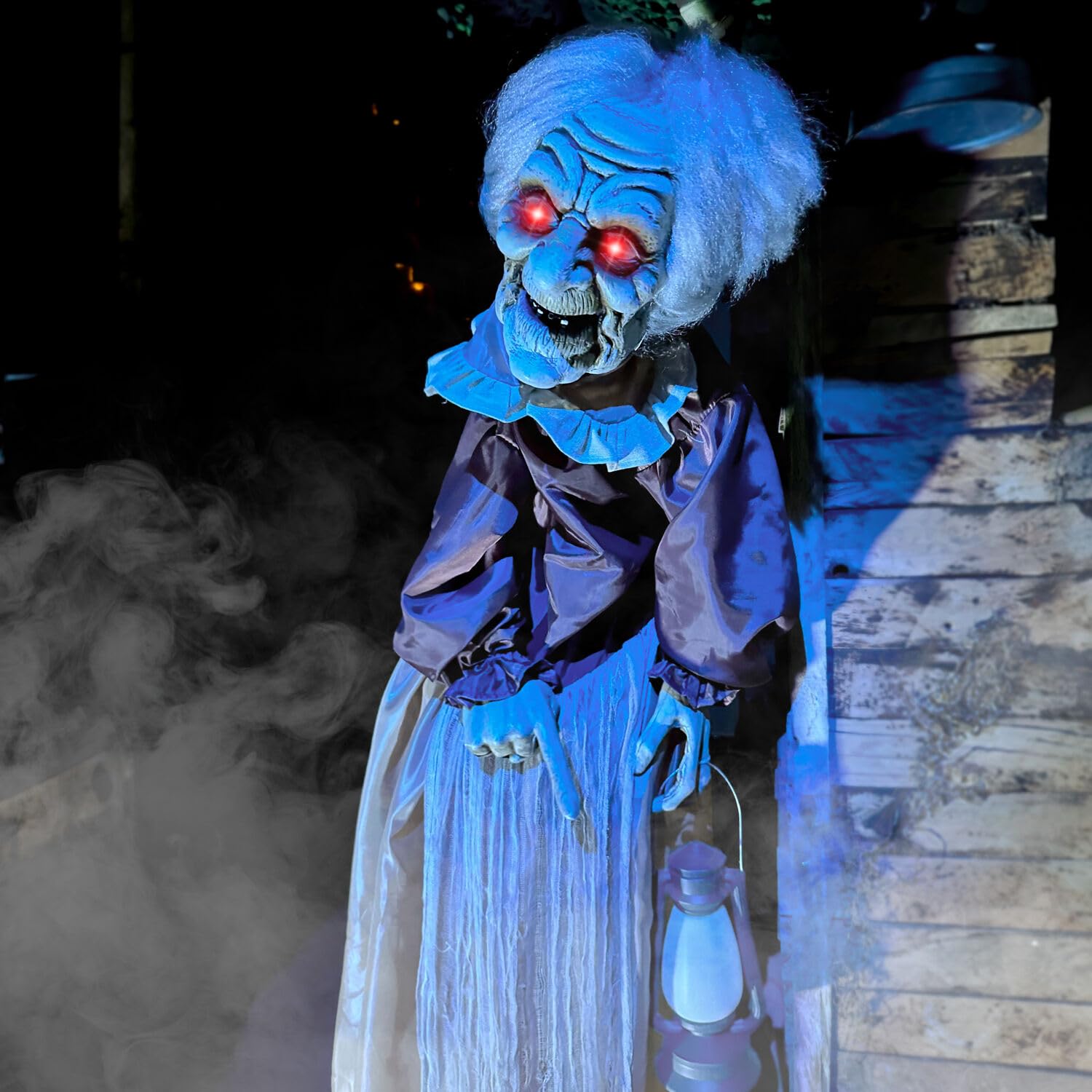 Haunted Hill Farm Lifesize Animatronic Scary Old Lady Zombie with Motion Activated Lights and Sound, Battery-Operated Indoor or