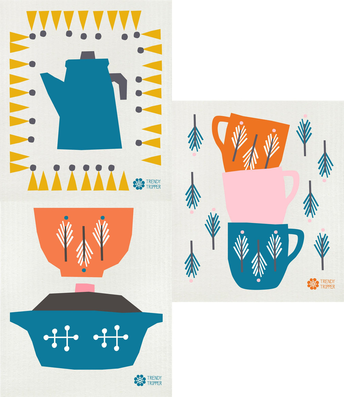 Trendy Tripper Swedish Dishcloths/Sponge Cloths - Anna Kovecses Midcentury Designs - Set Of 3 Kettle/Cups/Bowls (Cobalt Blue/Yel