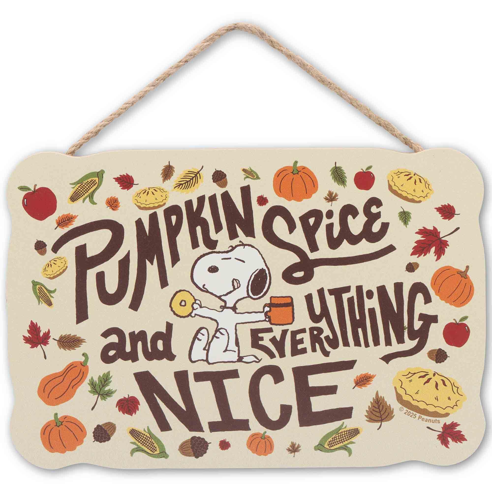 Peanuts Snoopy Pumpkin Spice and Everything Nice Hanging Wood Wall Decor - Cute Snoopy Fall Decor with Autumn Leaves and Pie