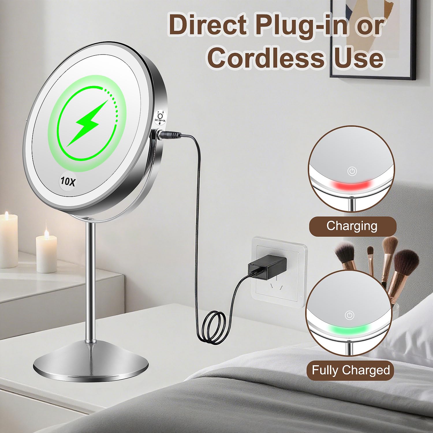 Flymiro Lighted Makeup Mirror,1x/10x Magnifying Vanity Mirror with Light,3000 mAh Rechargeable 2-Sided 8 Round Mirror,3 Colors B