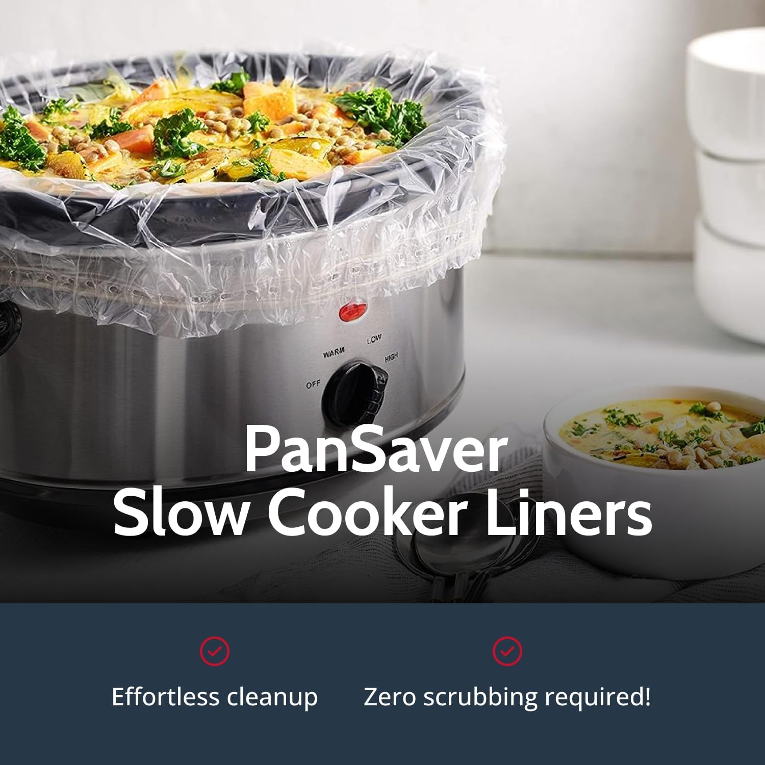 Pansaver Slow Cooker Liners - Disposable Liners With Sure Fit Band For Snug Fit - Instant Cleanup With No Scrubbing - Fits 3-6.5