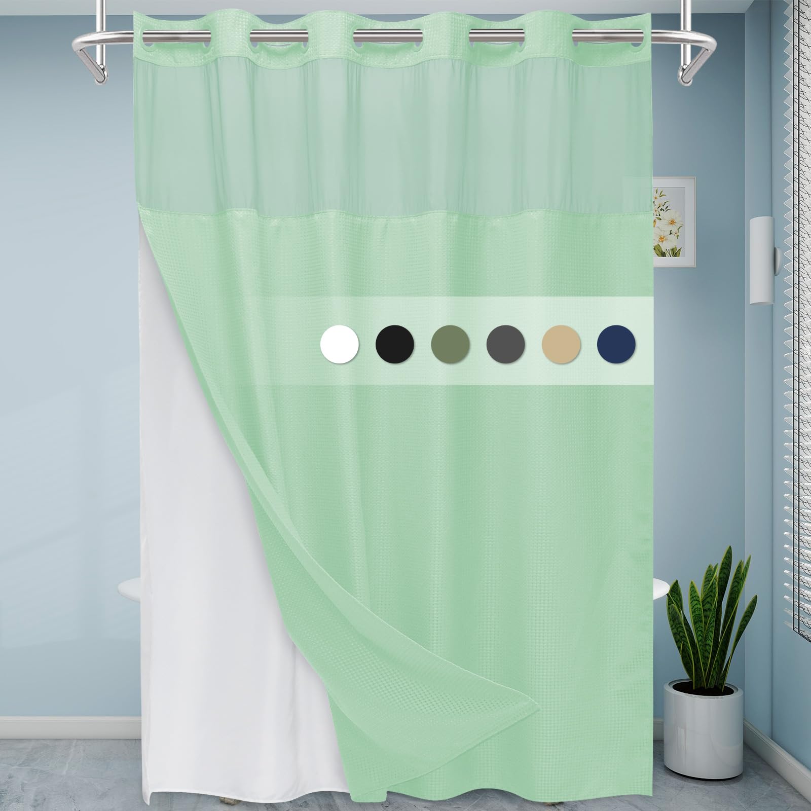 Eutxl Mint Green Long No Hook Shower Curtain With Snap In Liner,230Gsm Waffle Weave Shower Curtains For Bathroom,71W X 86H