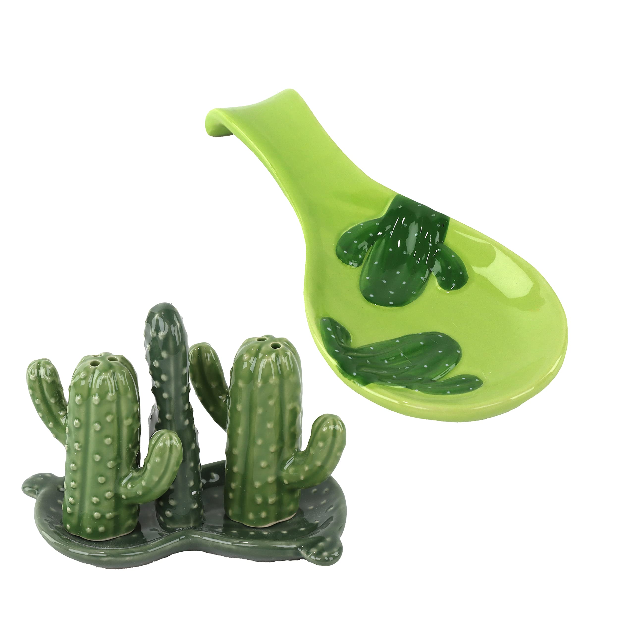 Ceramic Stovetop Set With Salt And Pepper Shakers And Spoon Rest - Cactus