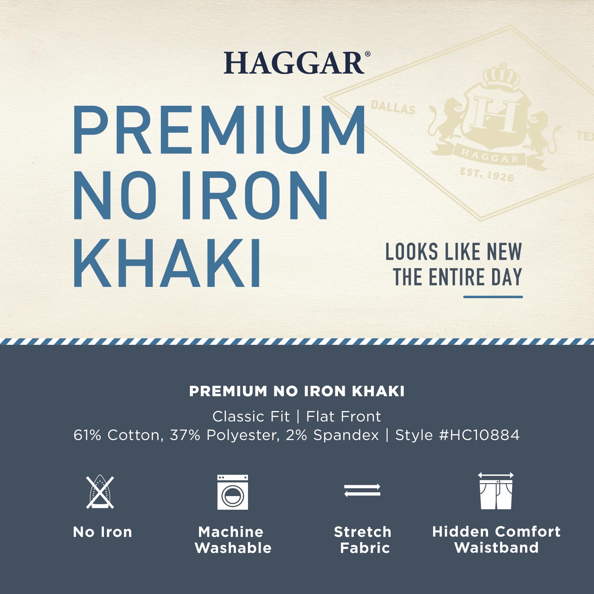 Haggar Mens Classic Fit Flat-Front Hidden Expandable Waistband Premium No Iron Khaki, 40W X 30L - Sand