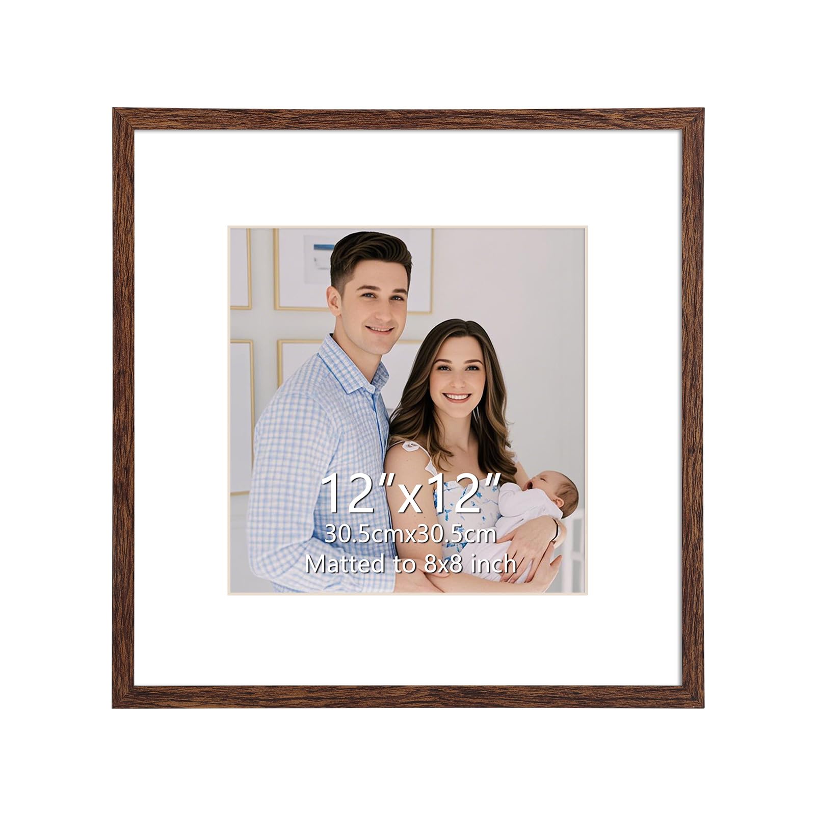 Hoikwo 12x12 Dark Brown Plastic Frame with Plastic Cover, Display Pictures 8x8 with Mat or 12x12 Without Mat, 1 Pack 12 by 12 Fr