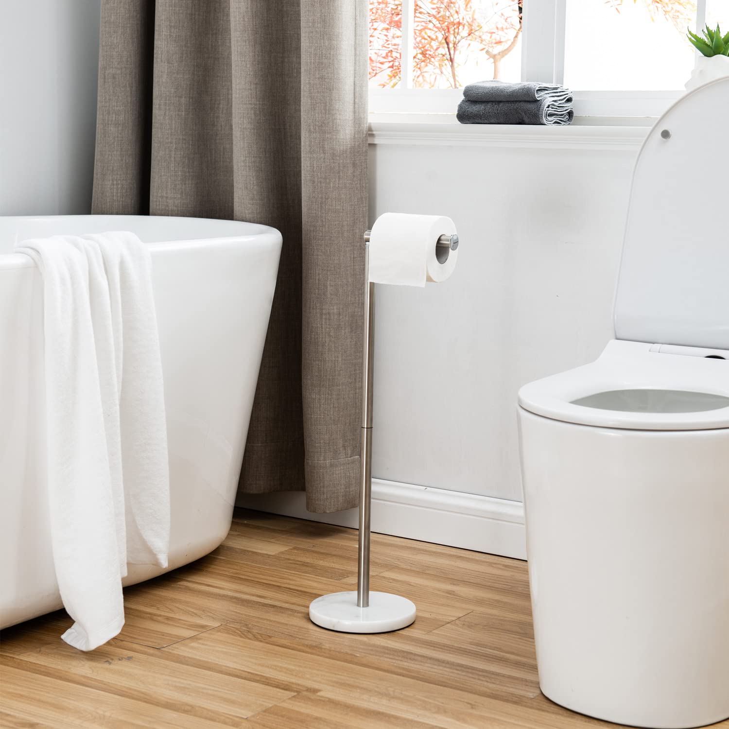 Toilet Paper Holder Stand ?2022 Upgraded? -Free Standing Toilet Paper Holder with Heavy Marble Base and Brushed Nickel SUS304 Stainless Steel Pole
