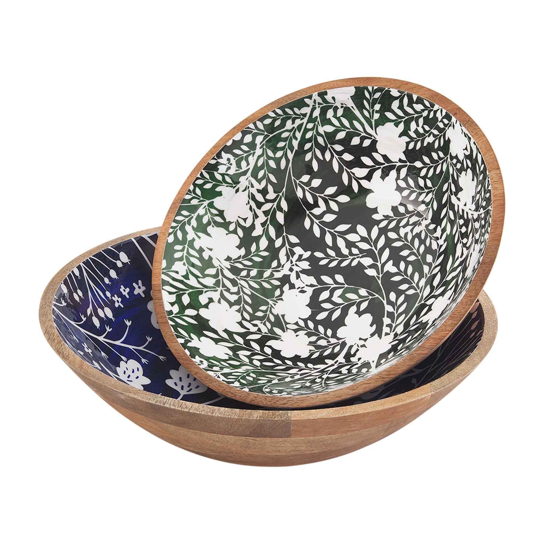 Mud Pie Indigo Carved Serving Bowl Set, Blue/Green, Small 4'' X 12'' Dia | Large 4'' X 14'' Dia