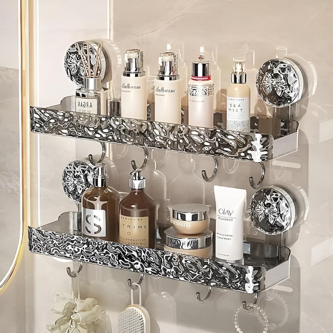 Homvera Bathroom Wall Rack With Suction Cup Mount  TwoLevel Storage Shelf With Hanging Hooks  Clear & Silver Pattern (2)