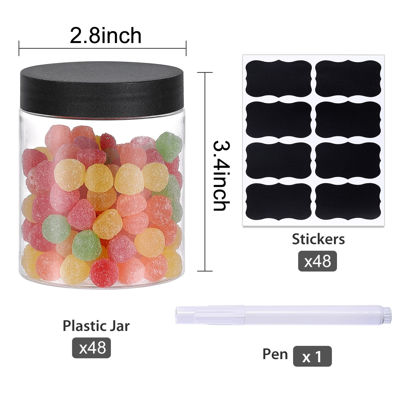 48Pcs 8Oz Plastic Jars With Screw On Lids, Pen And Labels Refillable Empty Round Slime Cosmetics Containers For Storing Dry Food