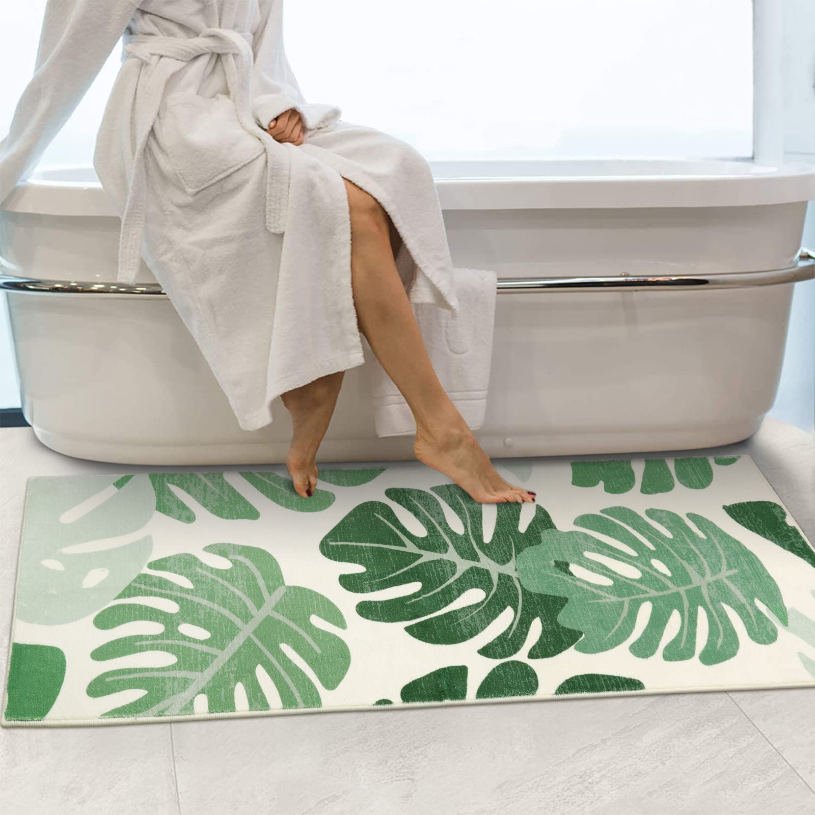 Lukinbox Bathroom Runner Rugs  Green Leaf Non-Slip Bath Mat  Small Long Bath Rugs Cute Soft Microfiber Floor Mats Machine Washable for Living Room  Shower and Tub  18''x47''