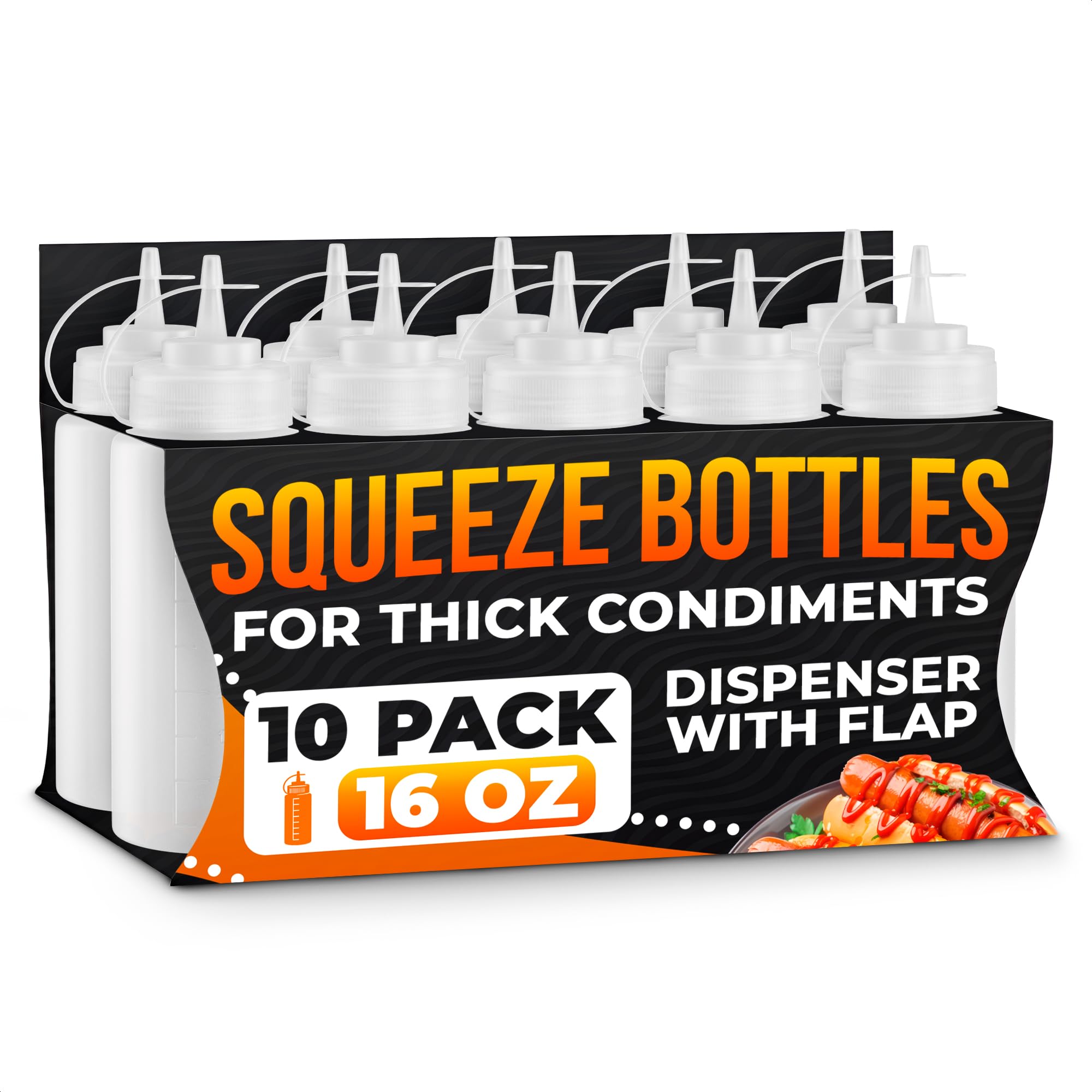 10-Pack Plastic Condiment Squeeze Bottles 16 oz - Refillable Squirt Bottles with Narrow Tip, Leak-Resistant | Great for Oil, Sau
