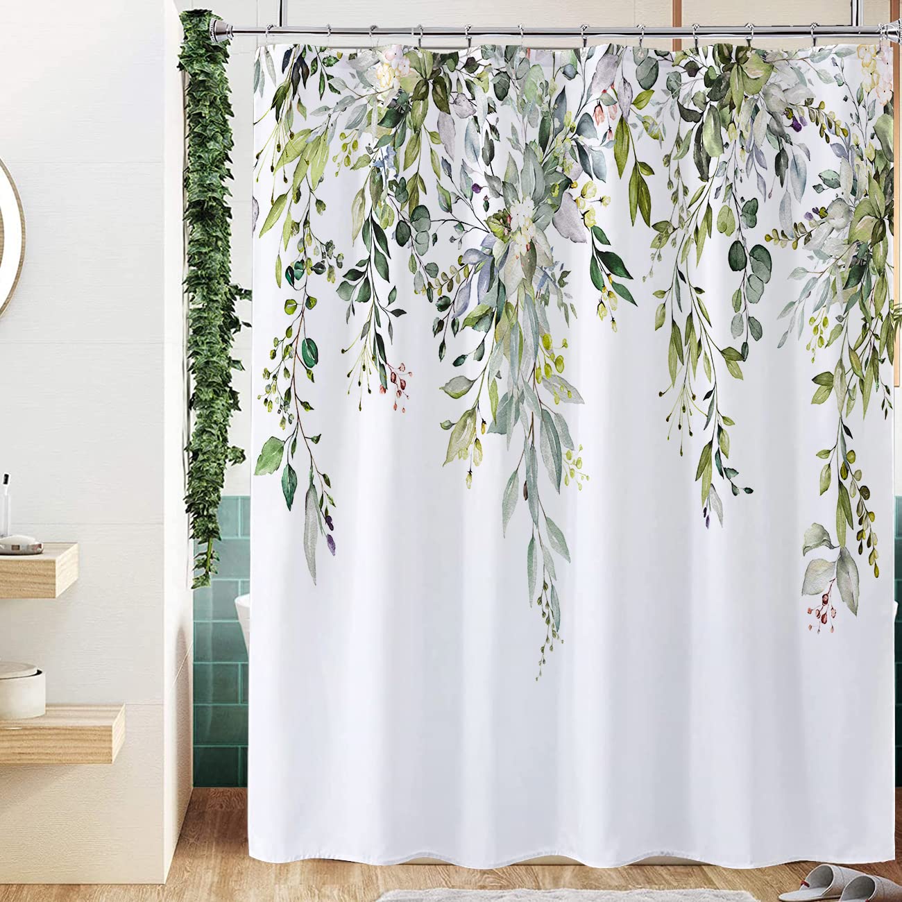 Nuseiis Long Eucalyptus Leaves Shower Curtain, 72"x78", Green Fabric with Hooks, Watercolor Floral Bathroom Decor