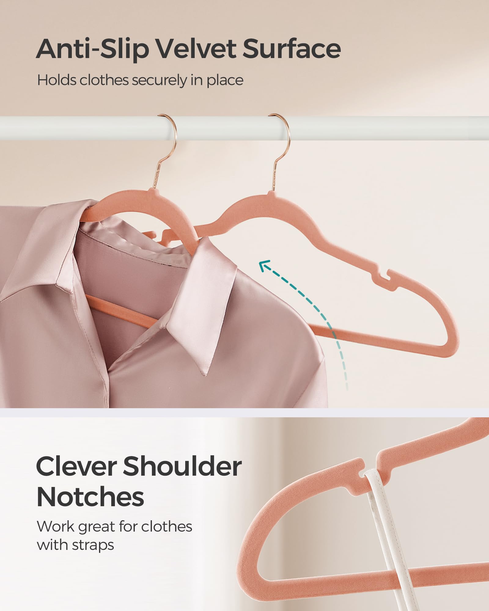 SONGMICS Velvet Hangers 10 Pack, Non-Slip Clothes Hangers with Shoulder Notches, Pants Bar, 360 Swivel Hook, Space-Saving, for C