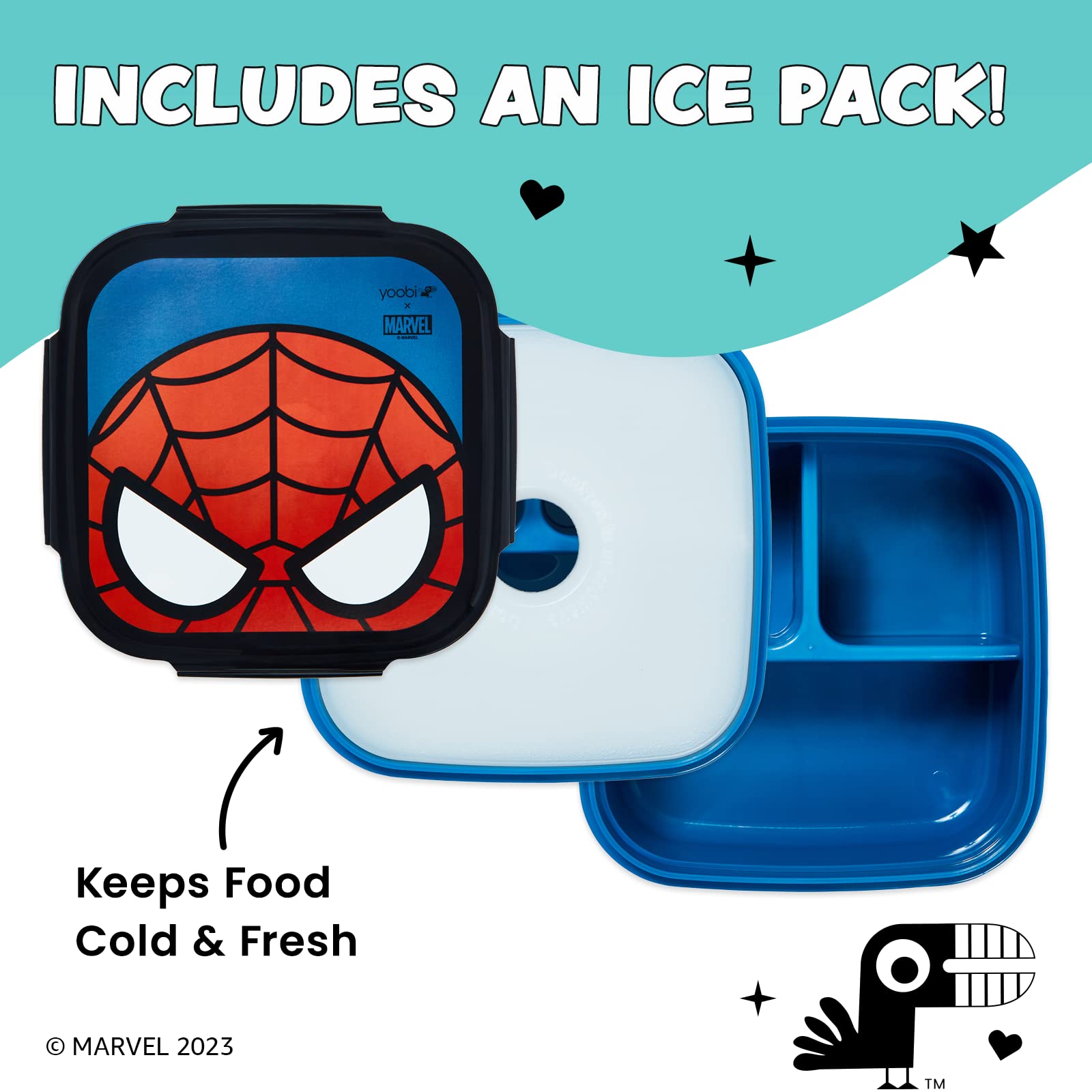 Yoobi X Marvel Spider-Man Bento Box And Ice Pack - 3 Compartment Lunch Box, Dishwasher & Microwave Safe Food & Snack Container F