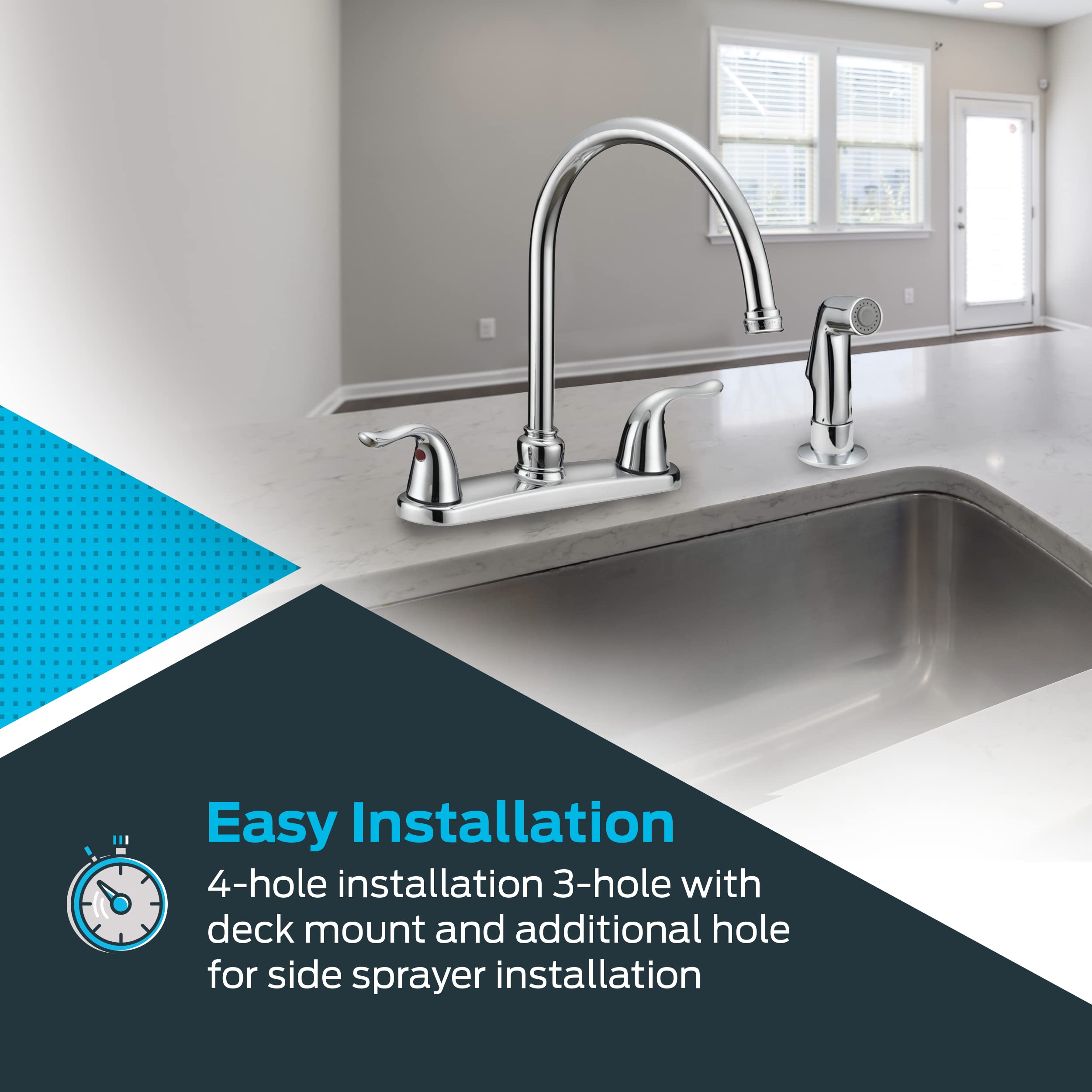 Ez-Flo Kitchen Faucet, Kitchen Sink Faucet With 2 Handles And Pull-Out Side Sprayer, 4-Hole Installation, Chrome, 10201