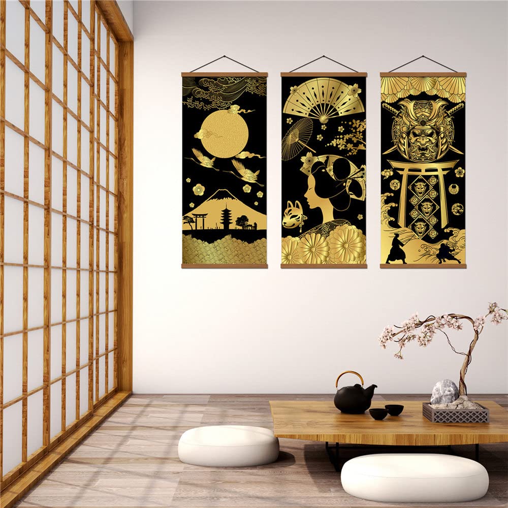 Warrior'S Dreams Canvas Wall Art Print Poster Armored Helmet Samurai Spirit With Scroll Wood Framed Ready To Hanger Home Karate
